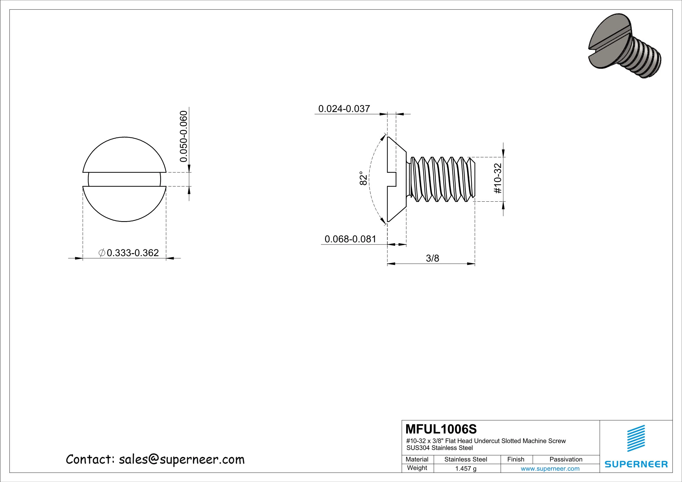 10-32 x 3/8" Flat Head Undercut Slotted Machine Screw SUS304 Stainless Steel Inox