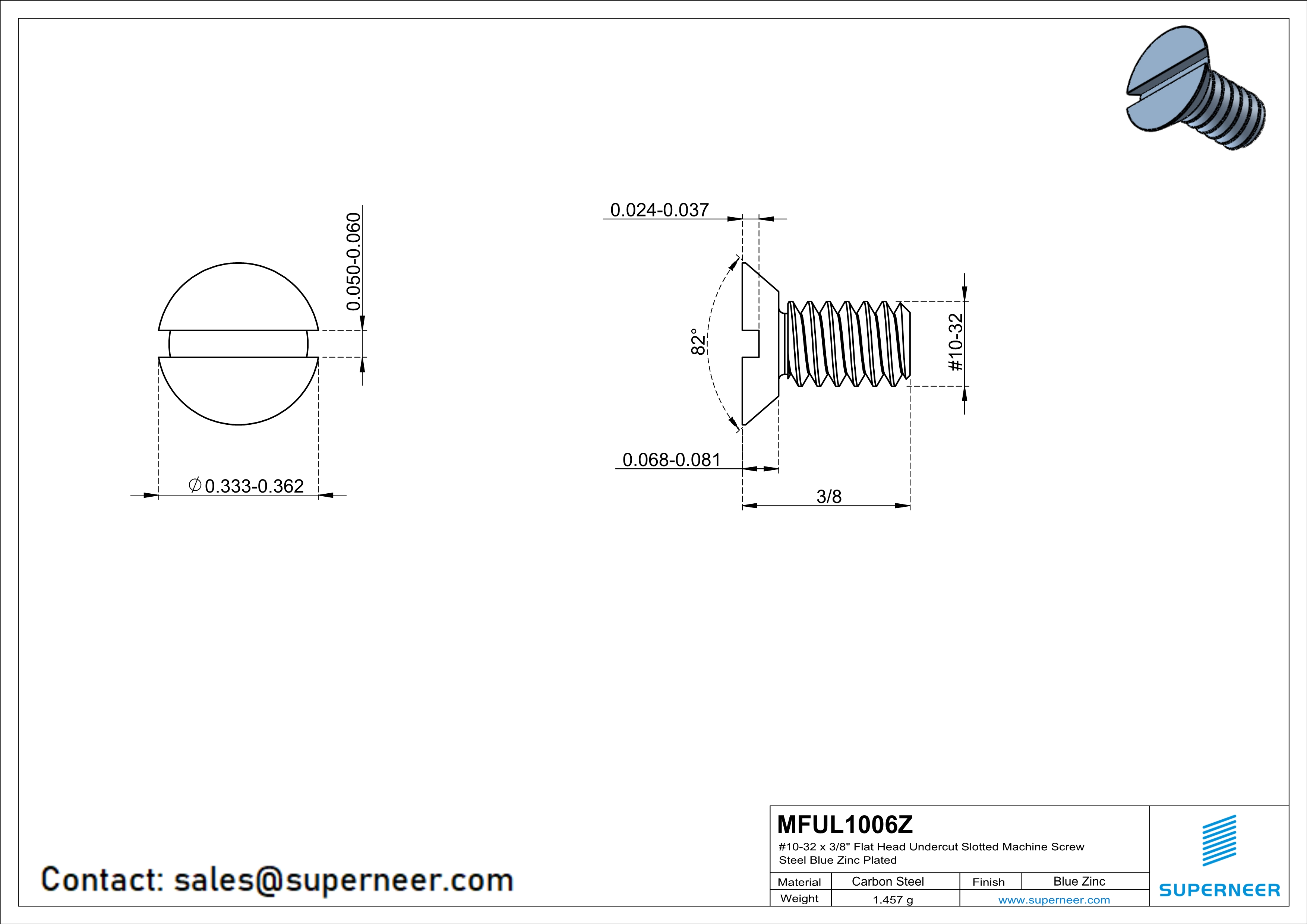10-32 x 3/8" Flat Head Undercut Slotted Machine Screw Steel Blue Zinc Plated