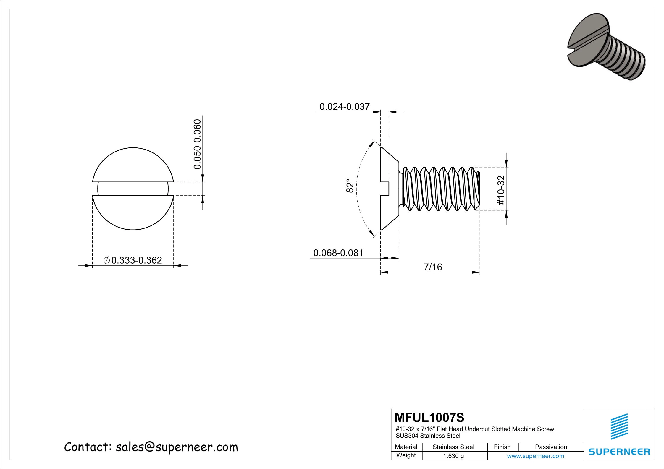 10-32 x 7/16" Flat Head Undercut Slotted Machine Screw SUS304 Stainless Steel Inox