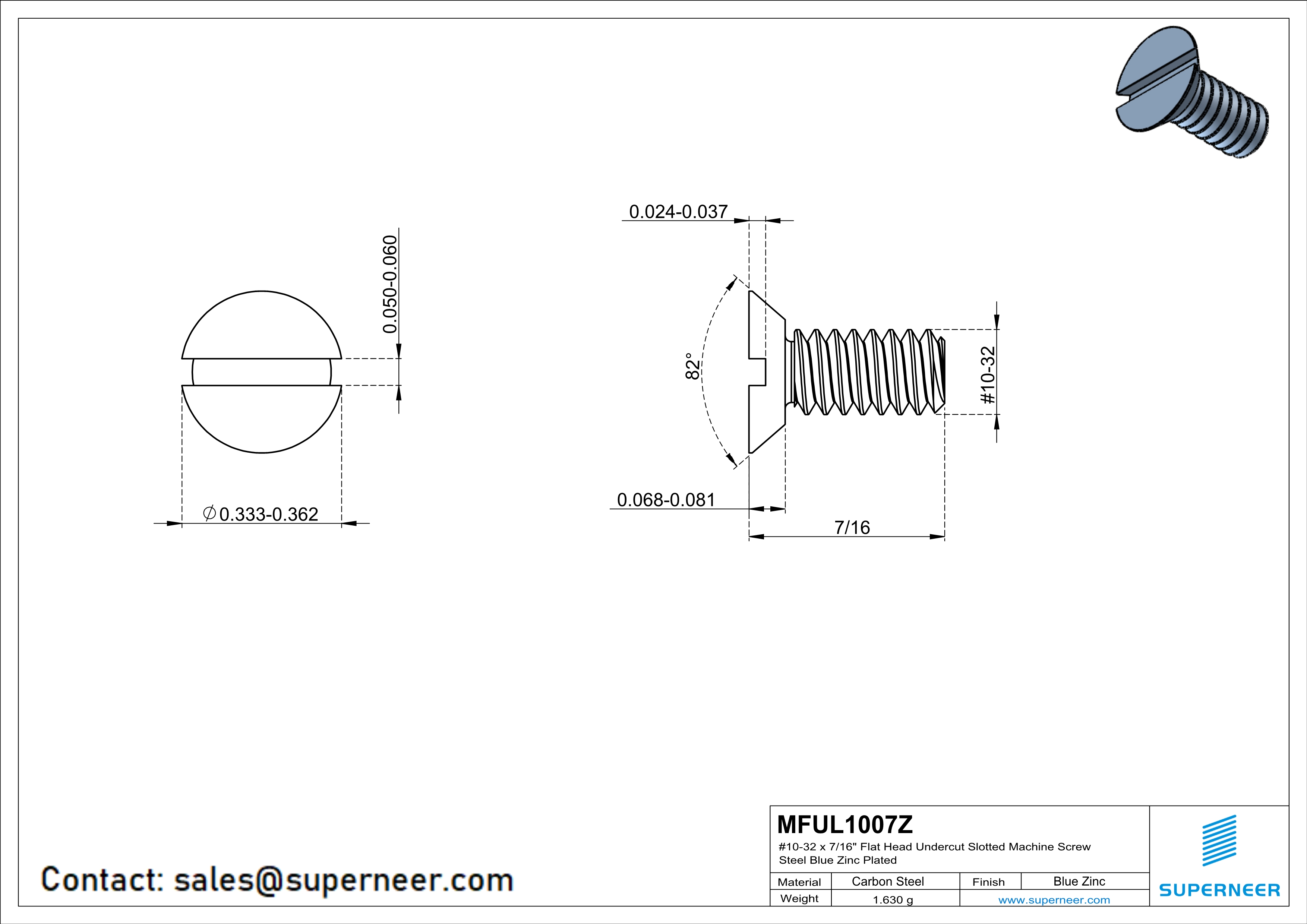 10-32 x 7/16" Flat Head Undercut Slotted Machine Screw Steel Blue Zinc Plated