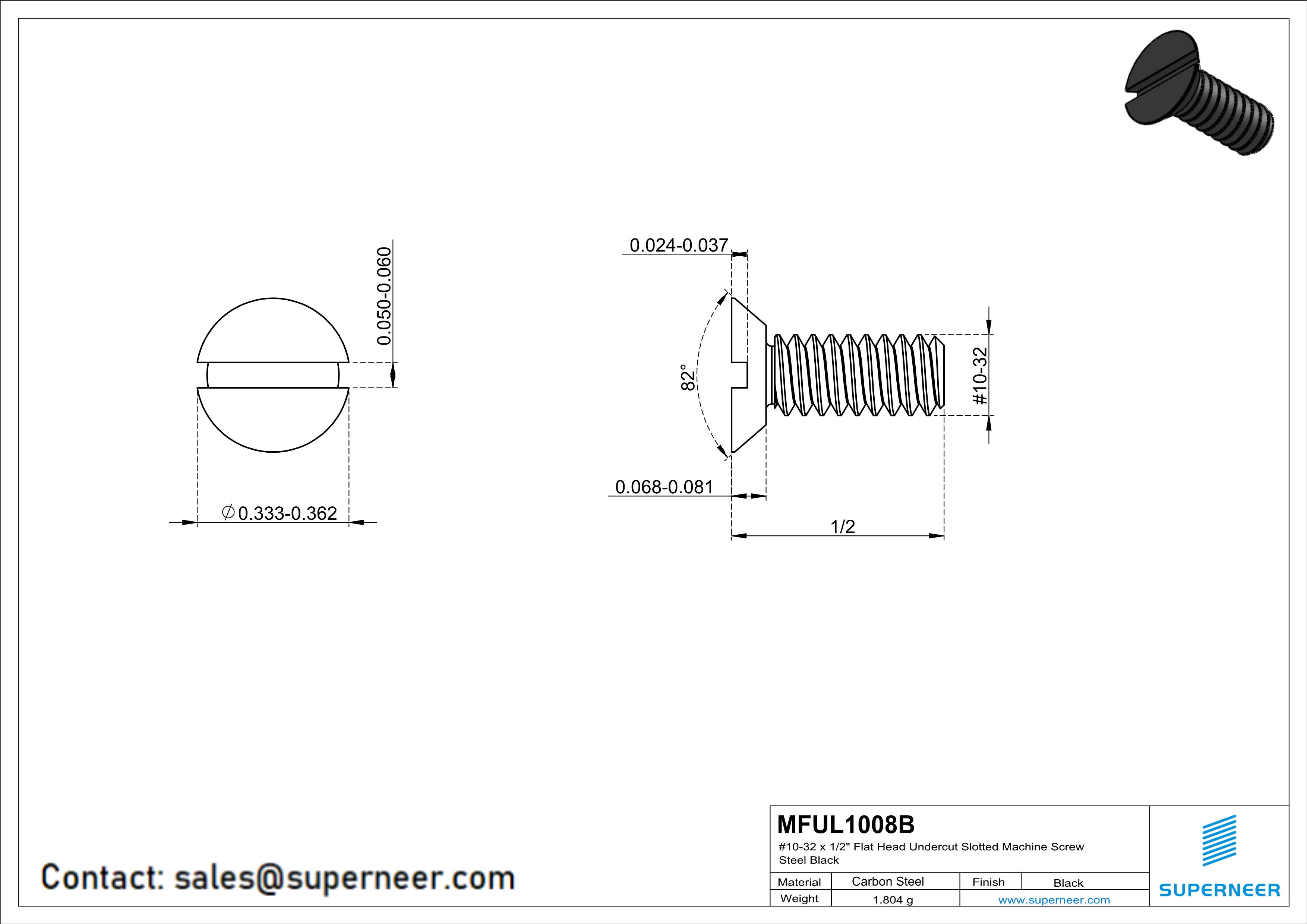 10-32 x 1/2" Flat Head Undercut Slotted Machine Screw Steel Black