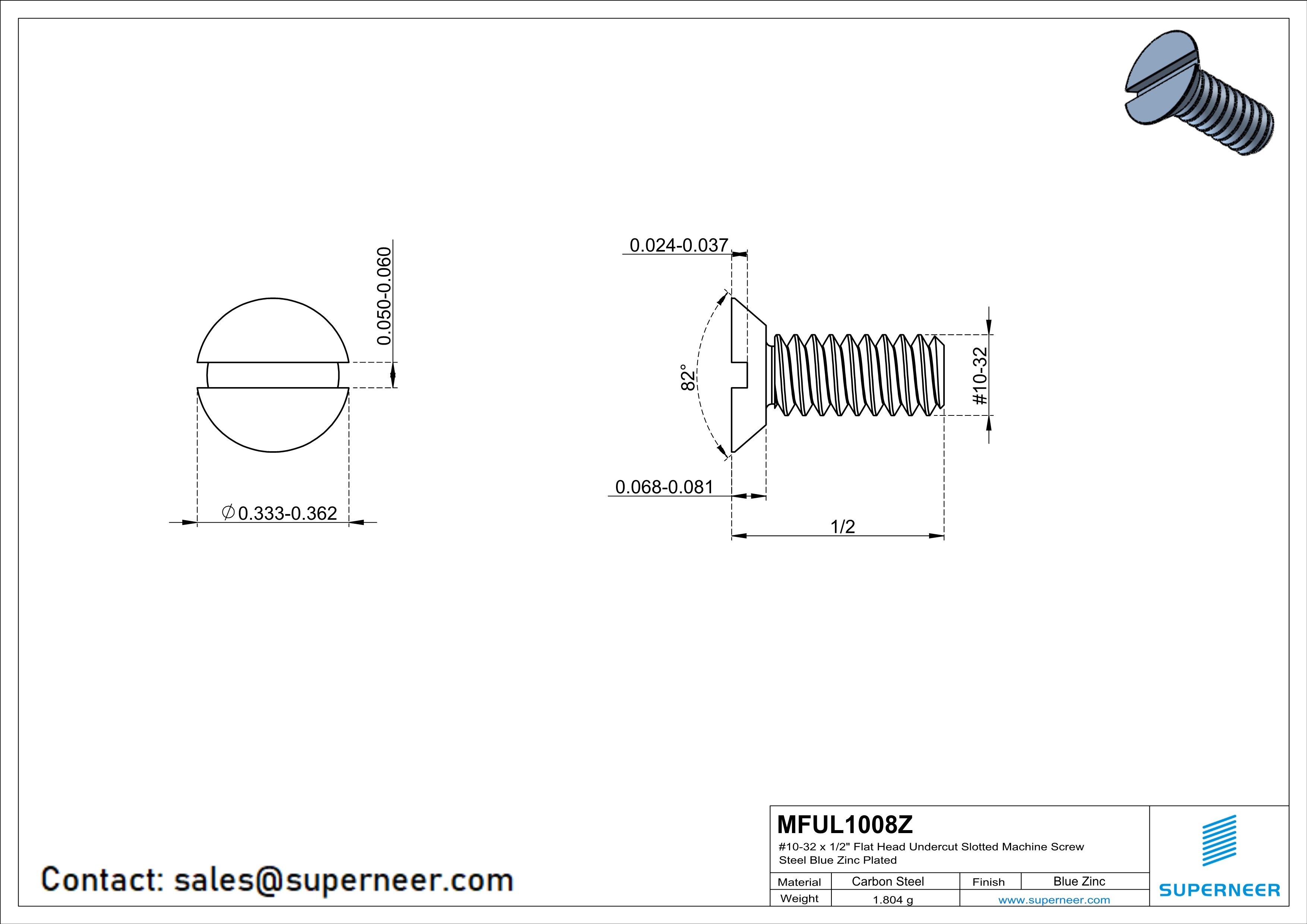 10-32 x 1/2" Flat Head Undercut Slotted Machine Screw Steel Blue Zinc Plated