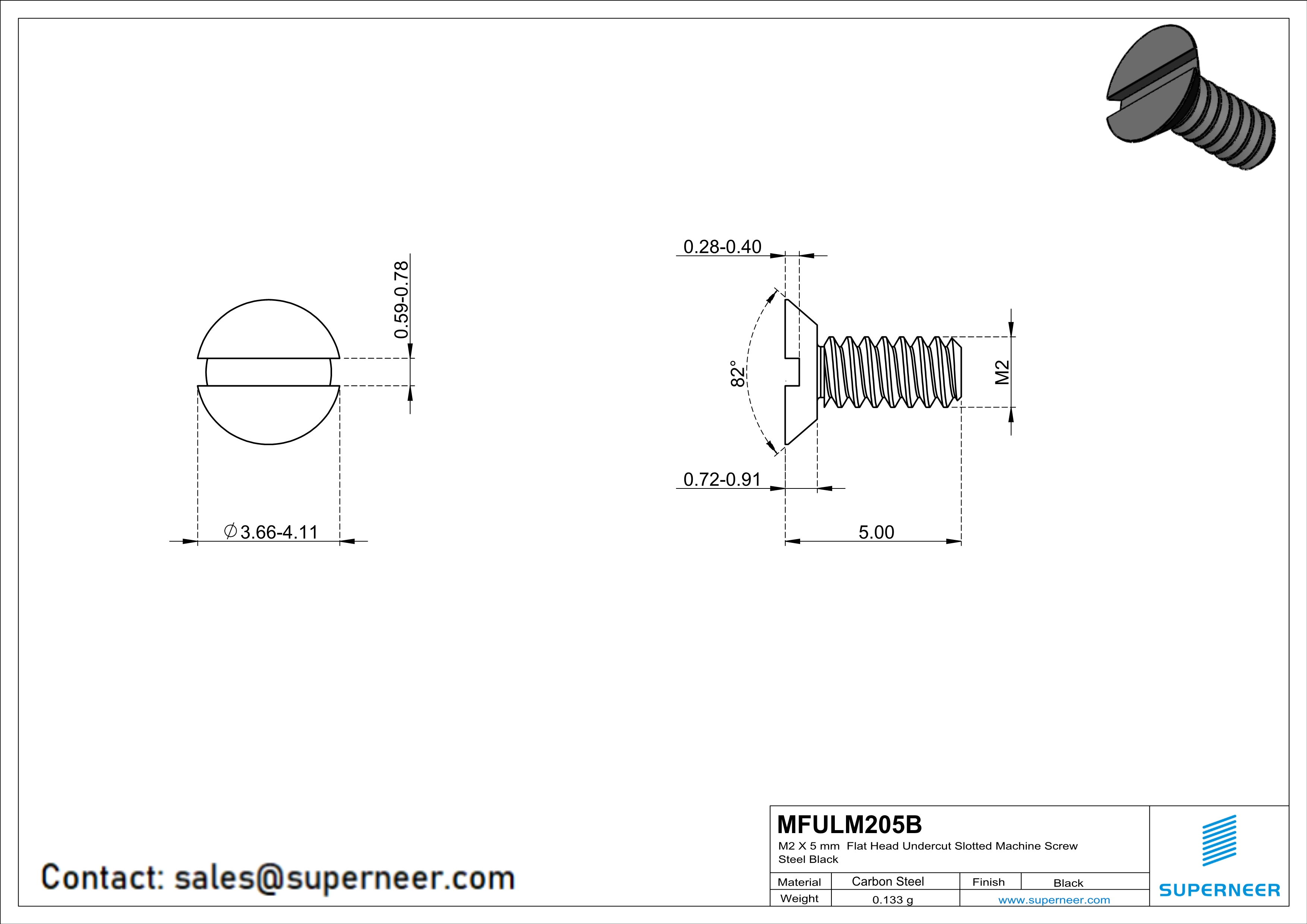 M2 x 5 mm Flat Head Undercut Slotted Machine Screw Steel Black