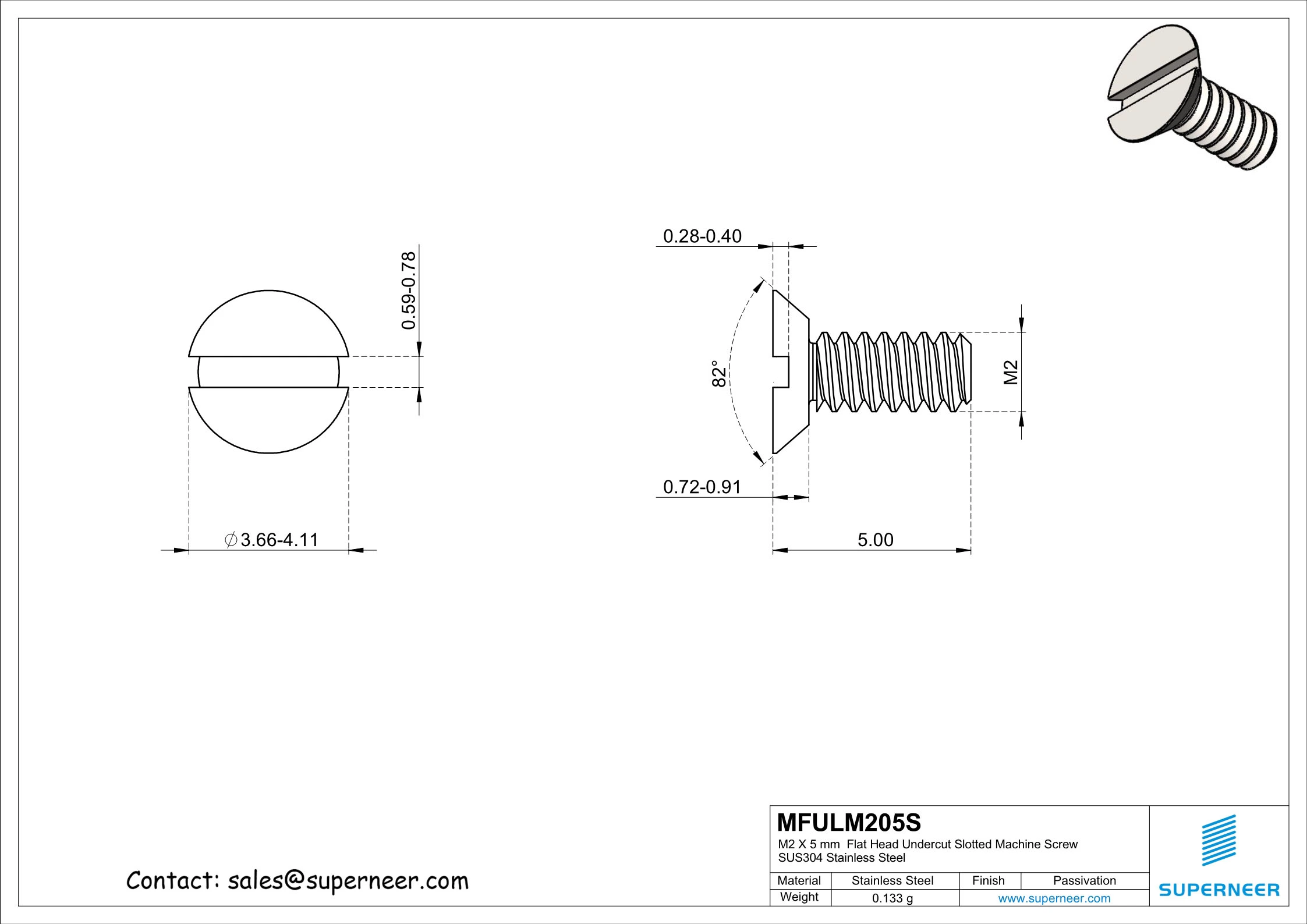 M2 x 5 mm  Flat Head Undercut Slotted Machine Screw SUS304 Stainless Steel Inox