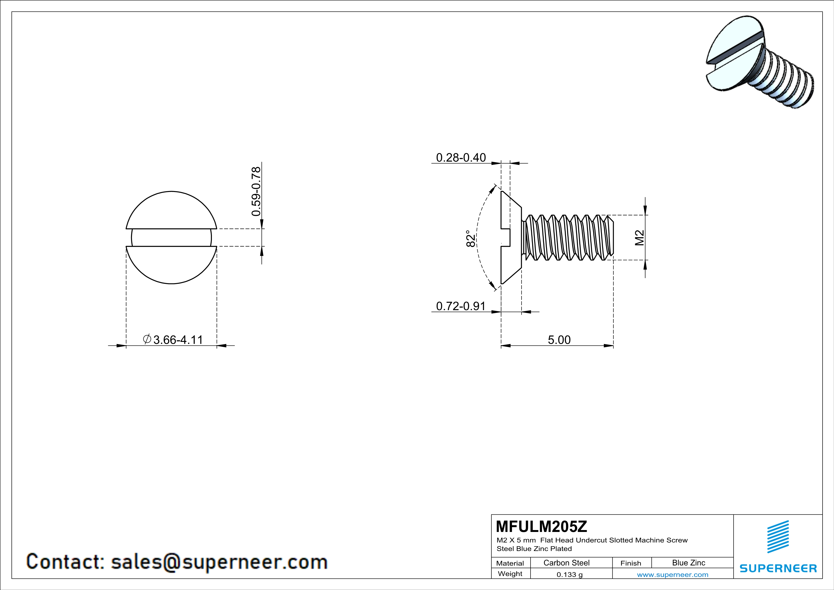 M2 x 5 mm Flat Head Undercut Slotted Machine Screw Steel Blue Zinc Plated