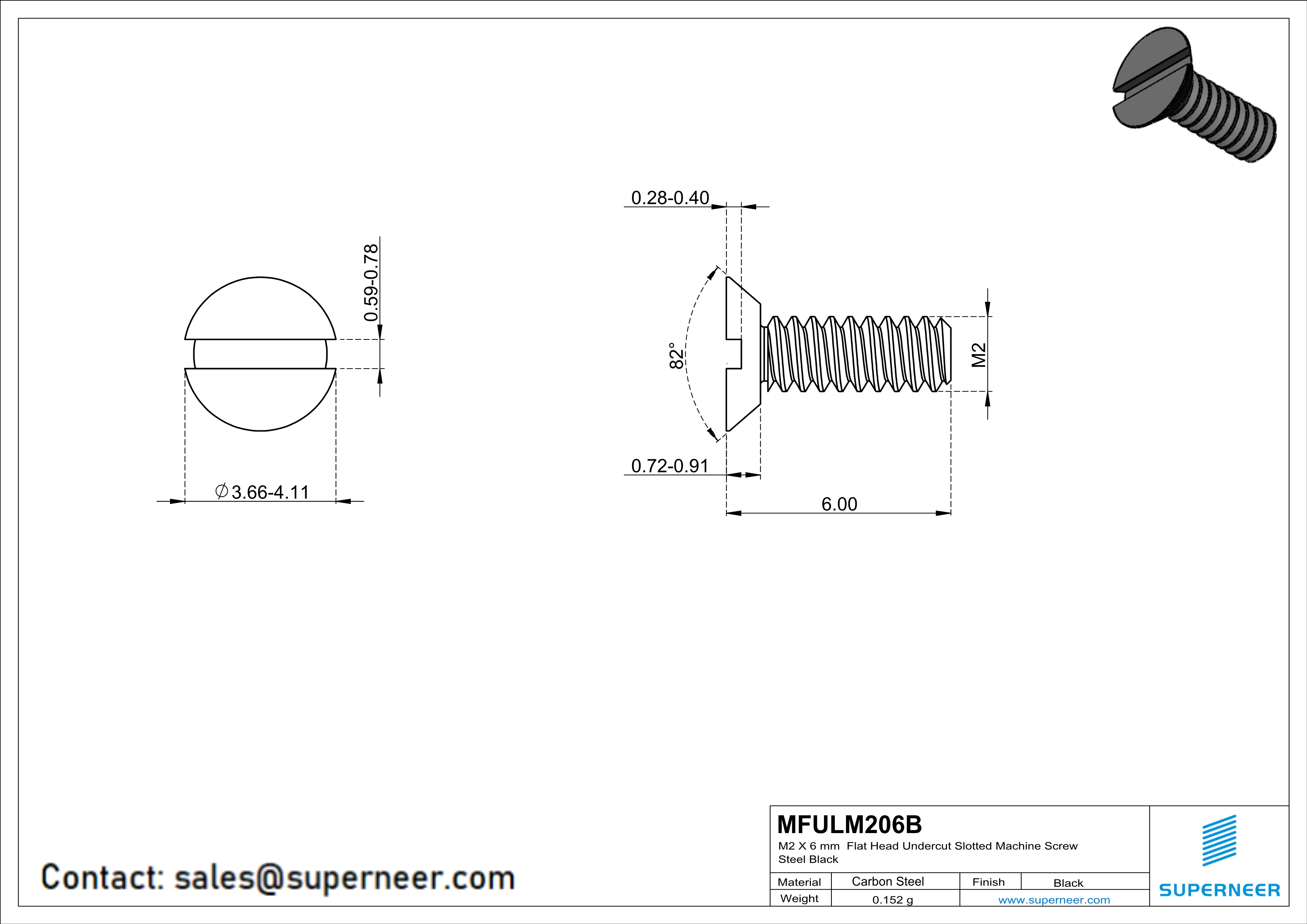 M2 x 6 mm Flat Head Undercut Slotted Machine Screw Steel Black