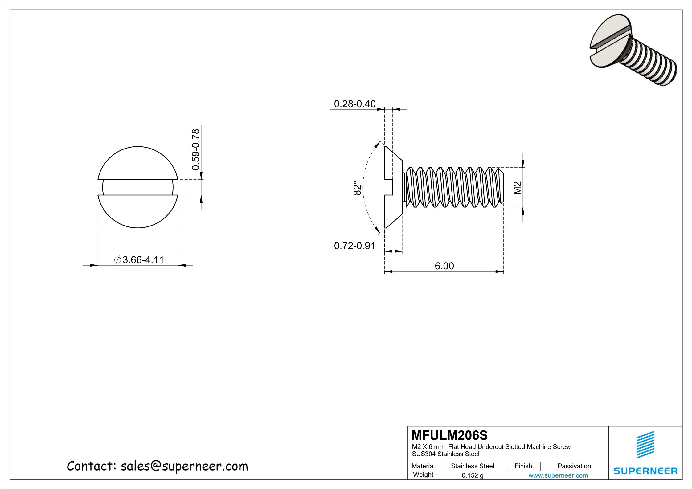 M2 x 6 mm  Flat Head Undercut Slotted Machine Screw SUS304 Stainless Steel Inox