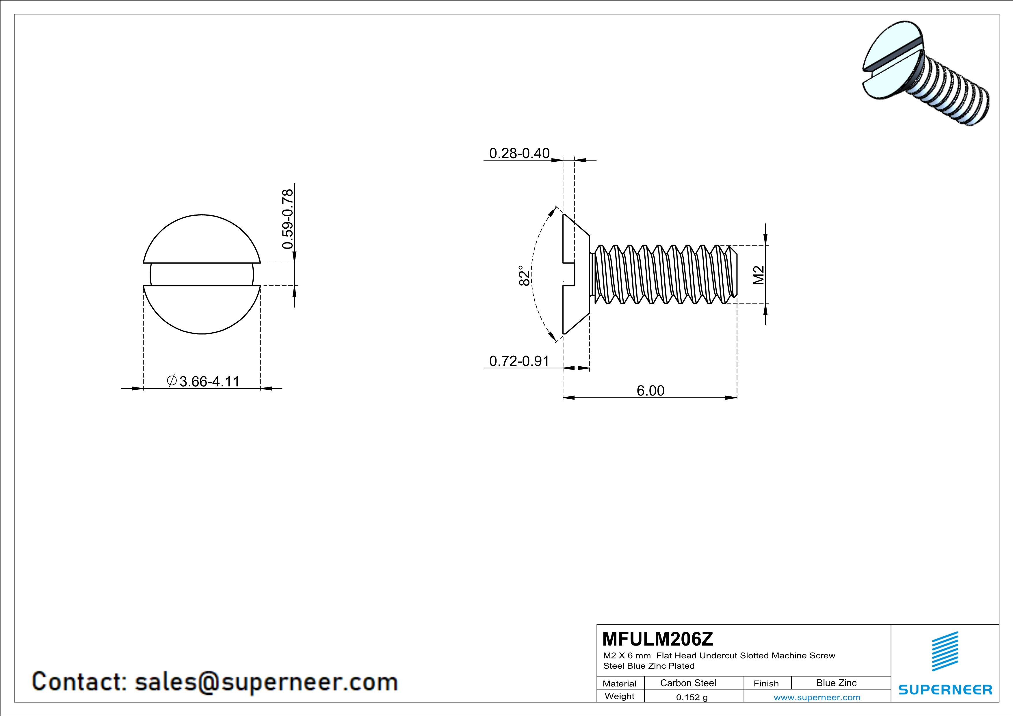 M2 x 6 mm Flat Head Undercut Slotted Machine Screw Steel Blue Zinc Plated