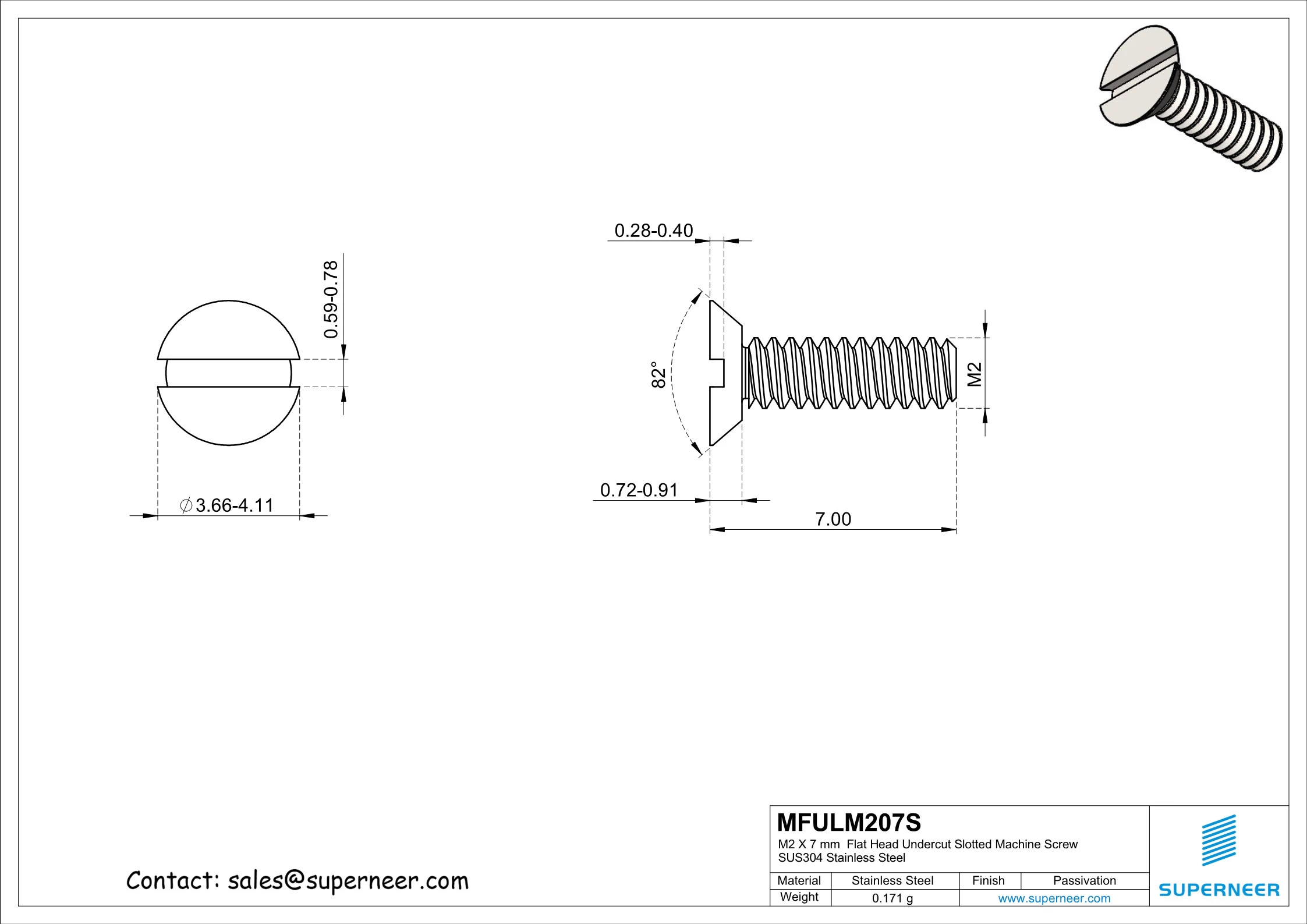 M2 x 7 mm  Flat Head Undercut Slotted Machine Screw SUS304 Stainless Steel Inox