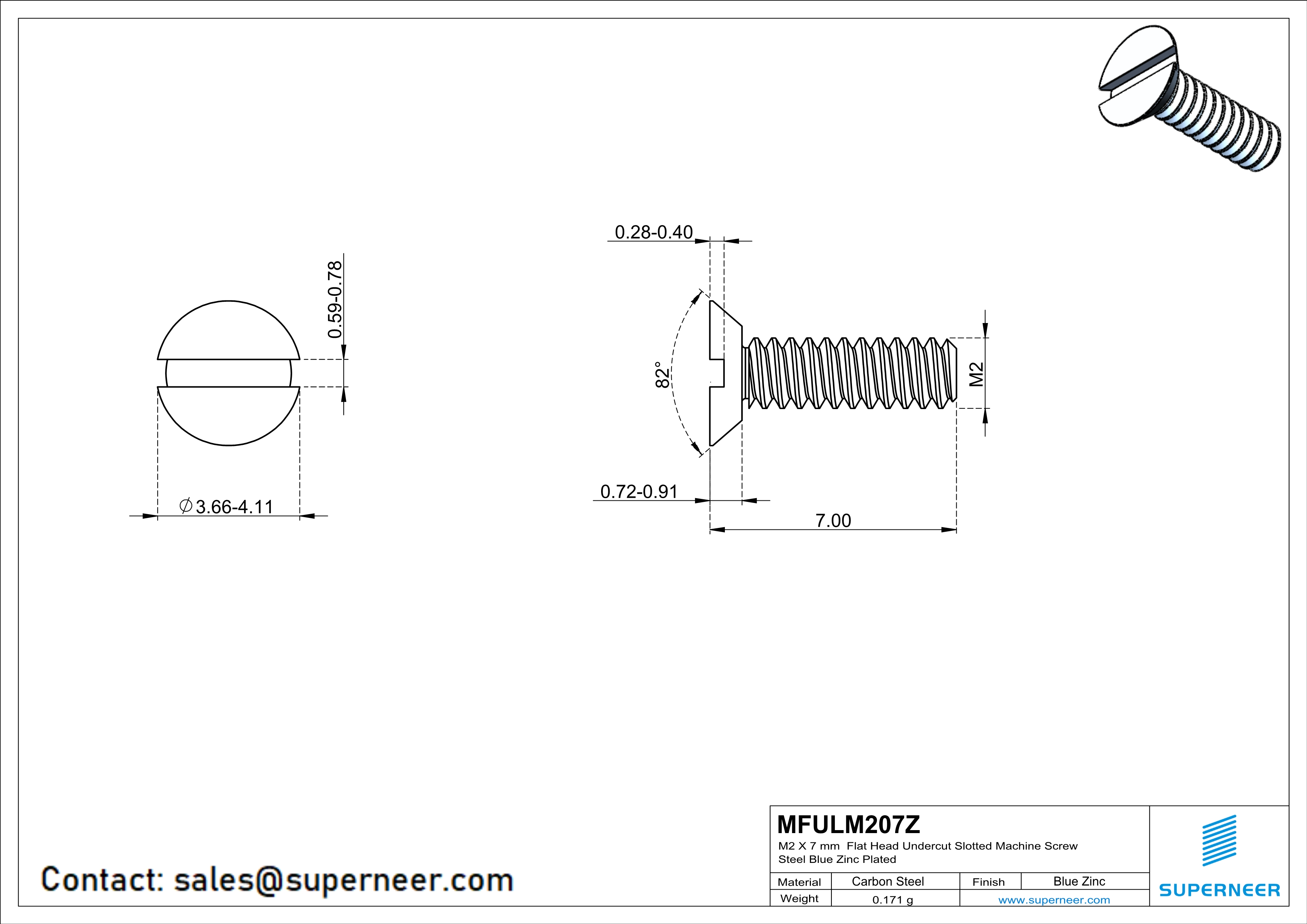 M2 x 7 mm Flat Head Undercut Slotted Machine Screw Steel Blue Zinc Plated