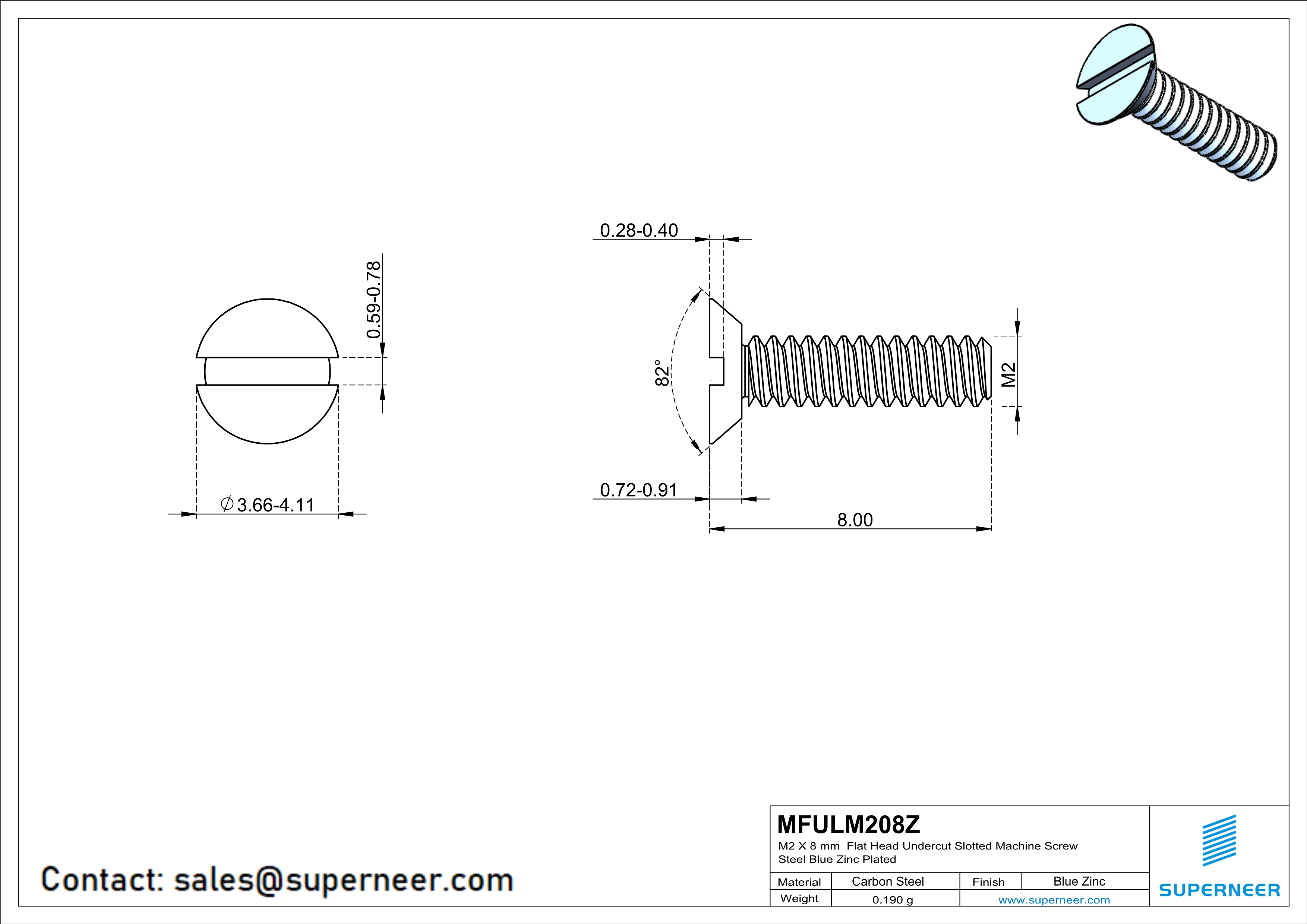 M2 x 8 mm Flat Head Undercut Slotted Machine Screw Steel Blue Zinc Plated