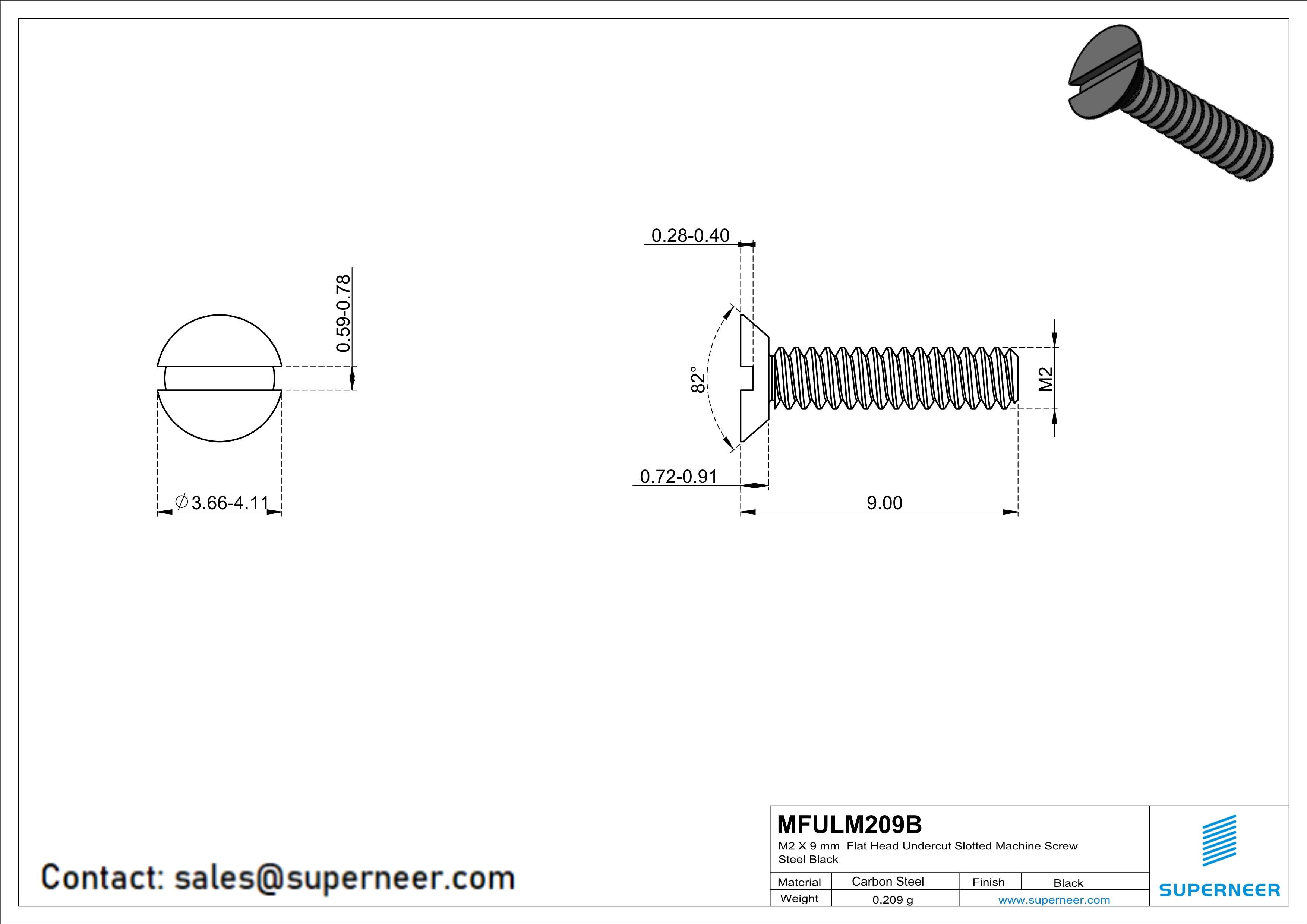 M2 x 9 mm Flat Head Undercut Slotted Machine Screw Steel Black