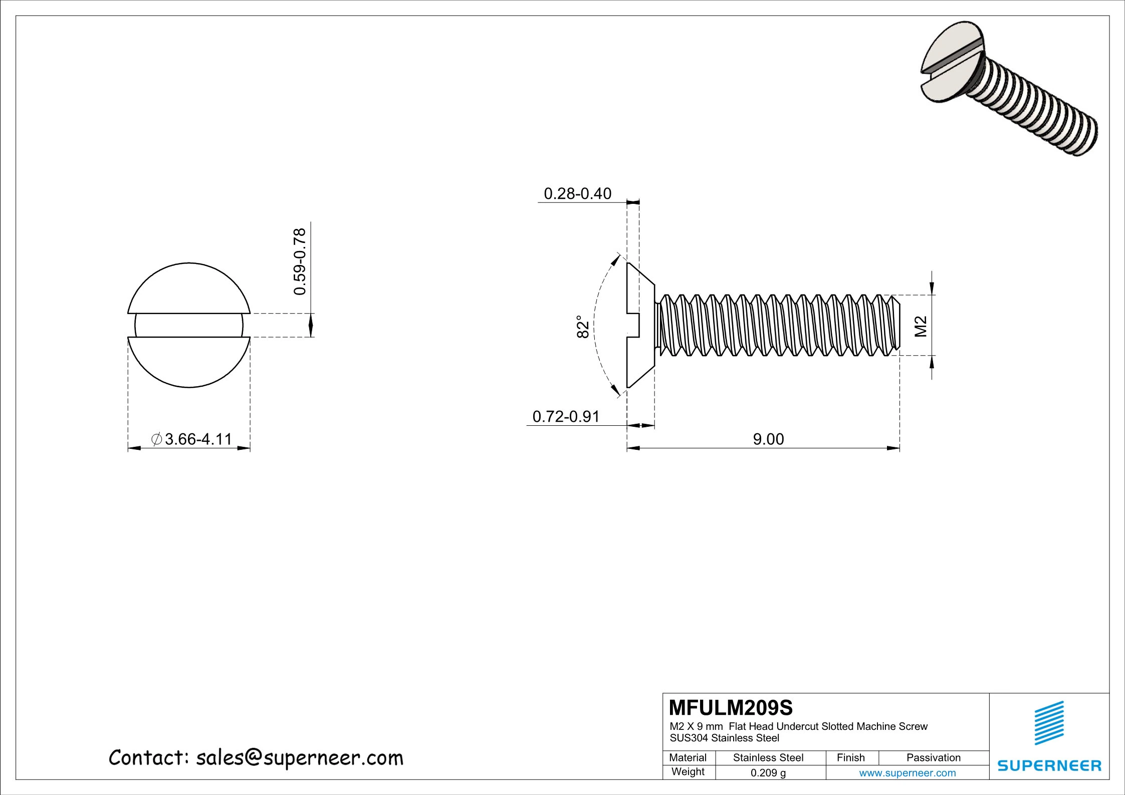 M2 x 9 mm  Flat Head Undercut Slotted Machine Screw SUS304 Stainless Steel Inox