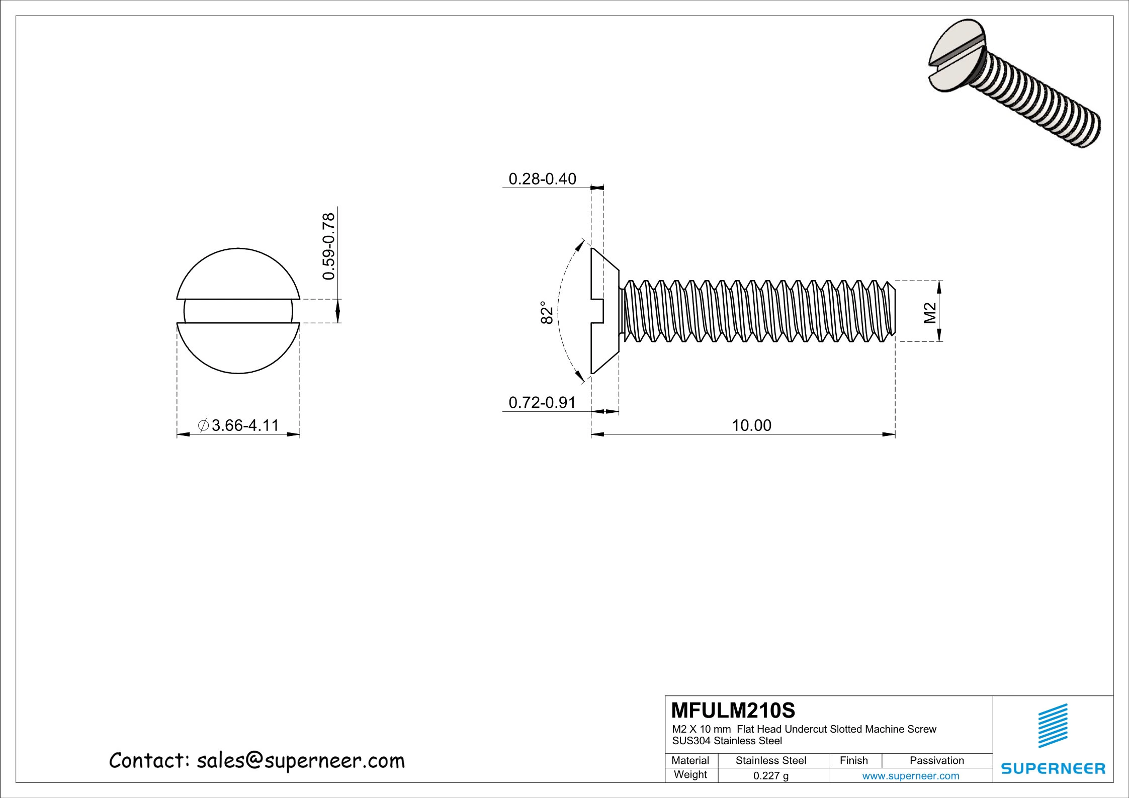 M2 x 10 mm  Flat Head Undercut Slotted Machine Screw SUS304 Stainless Steel Inox