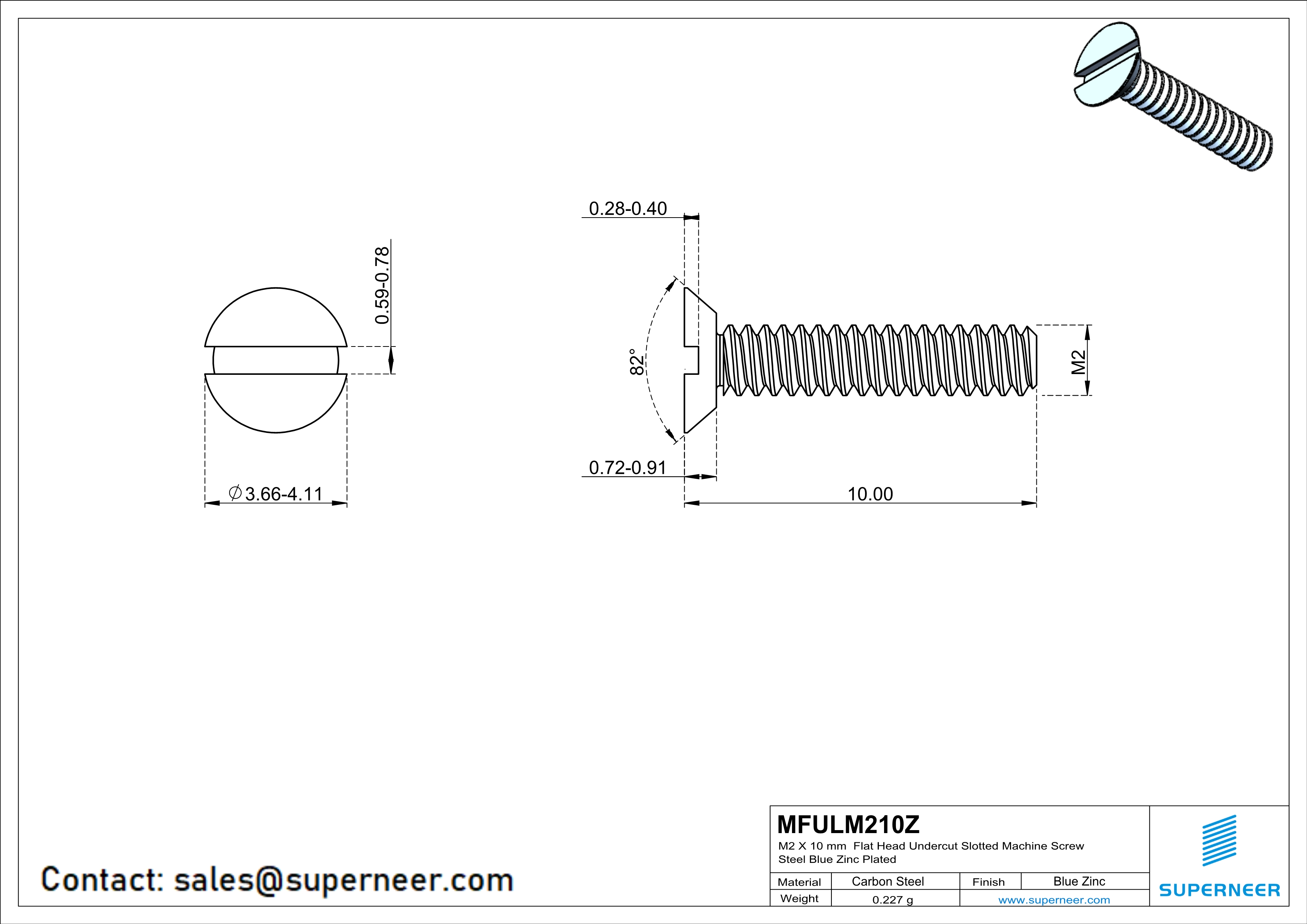 M2 x 10 mm Flat Head Undercut Slotted Machine Screw Steel Blue Zinc Plated