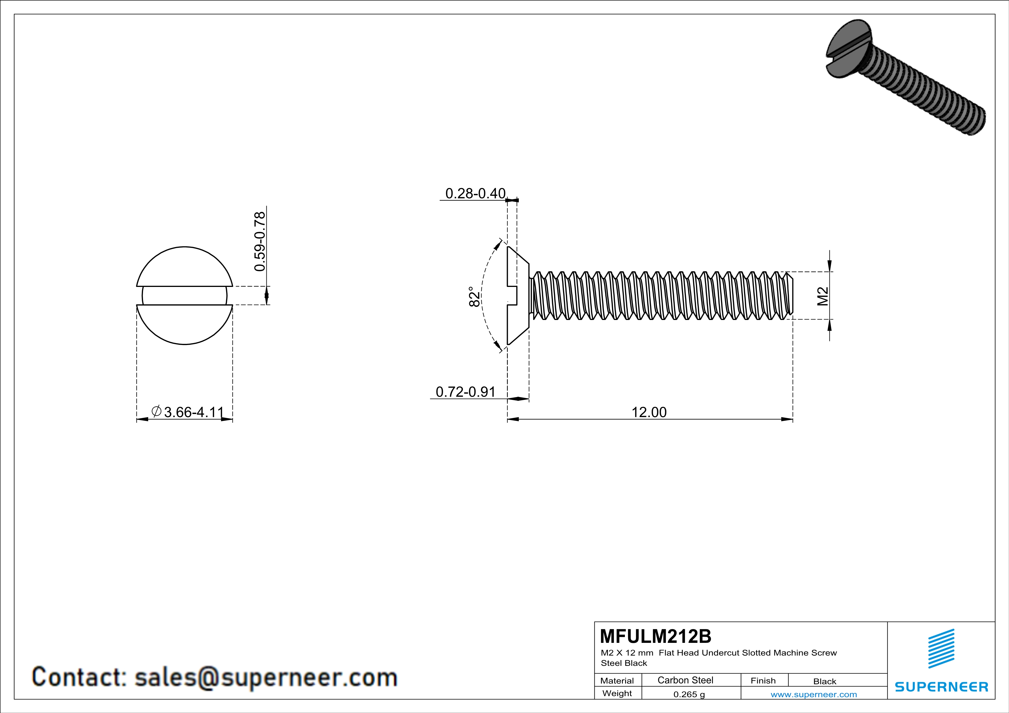 M2 x 12 mm Flat Head Undercut Slotted Machine Screw Steel Black