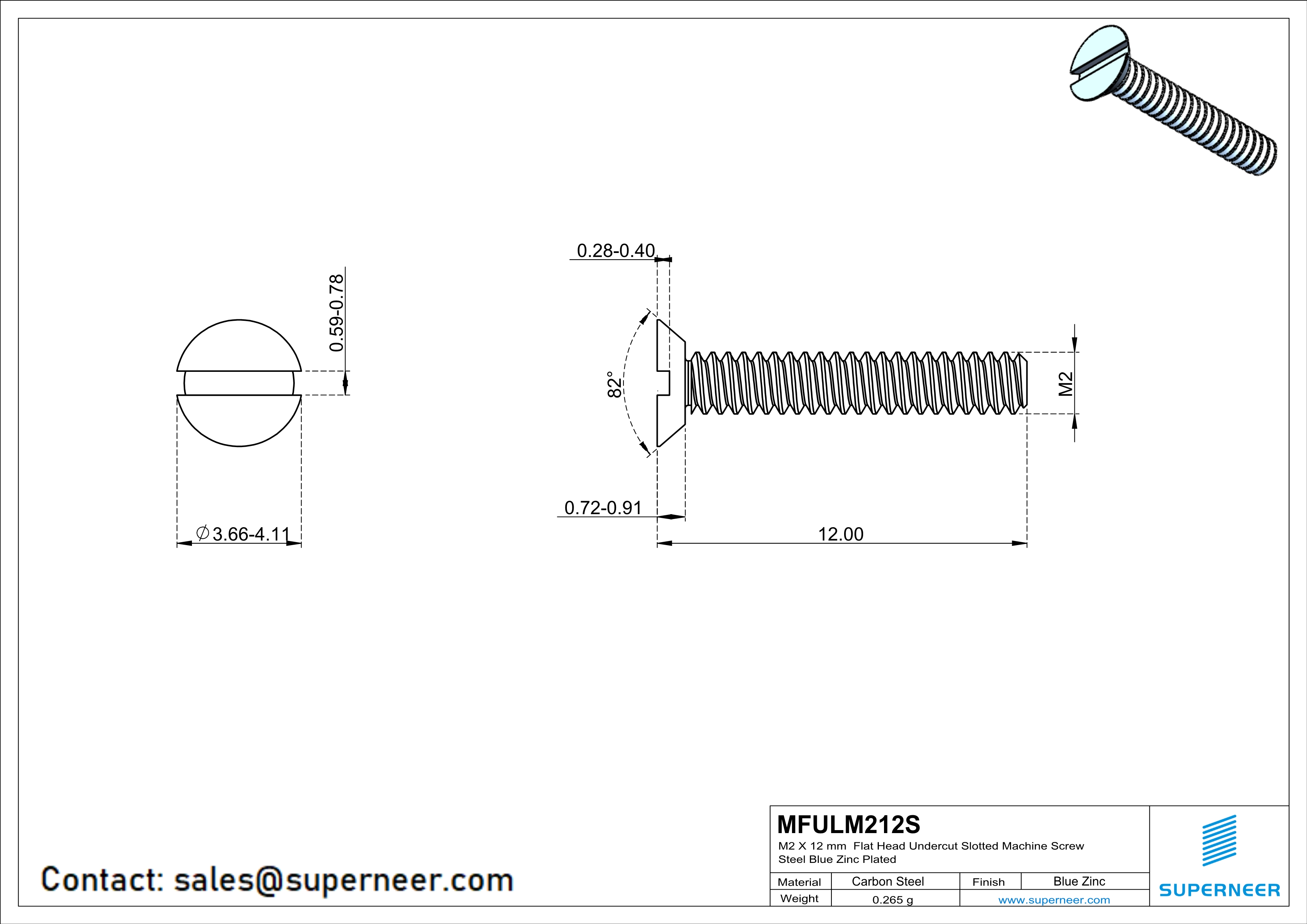 M2 x 12 mm Flat Head Undercut Slotted Machine Screw Steel Blue Zinc Plated