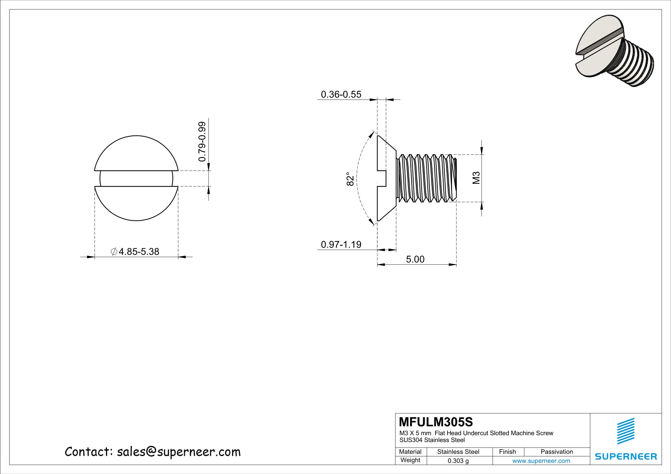 M3 x 5 mm  Flat Head Undercut Slotted Machine Screw SUS304 Stainless Steel Inox