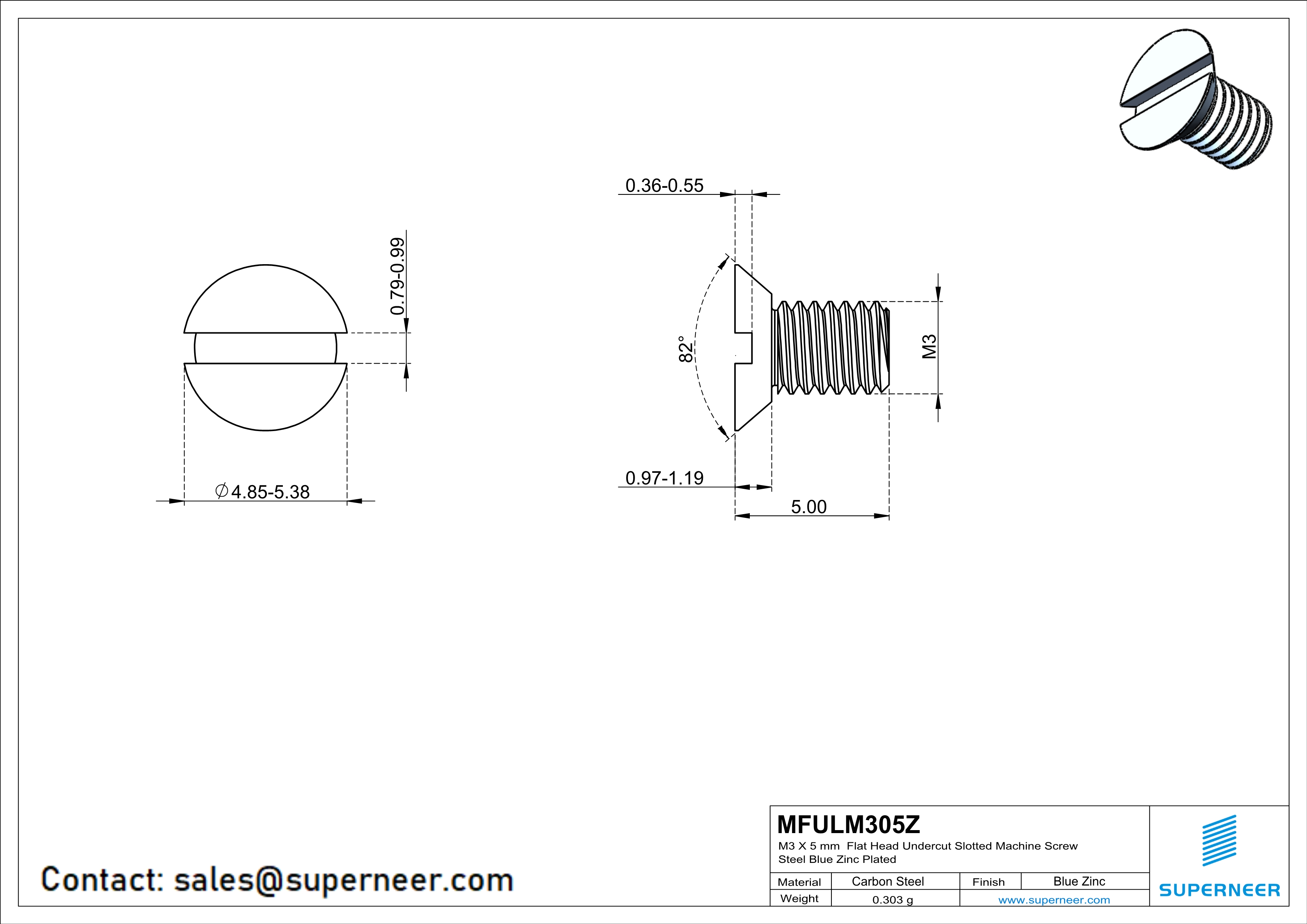 M3 x 5 mm Flat Head Undercut Slotted Machine Screw Steel Blue Zinc Plated