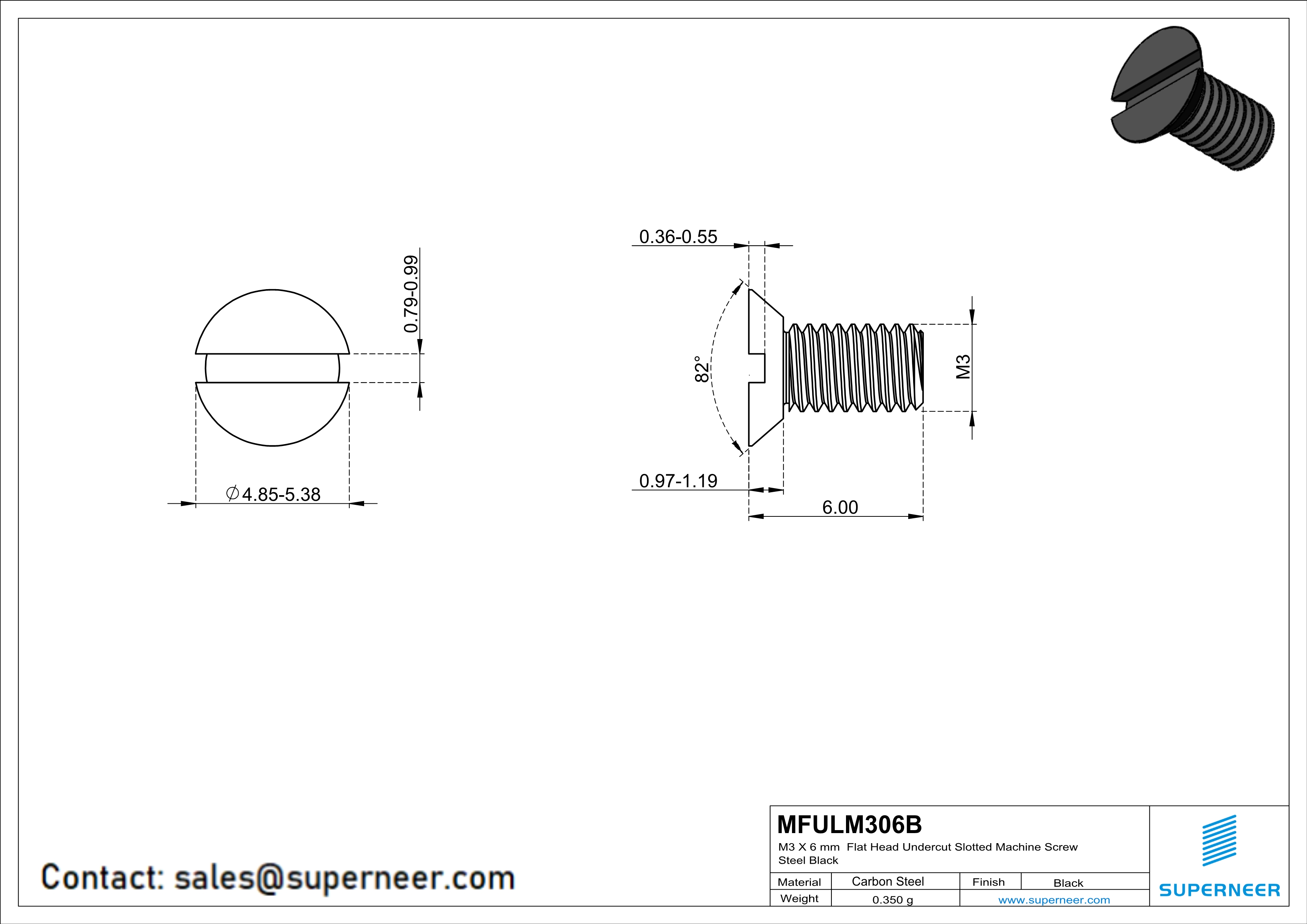 M3 x 6 mm Flat Head Undercut Slotted Machine Screw Steel Black