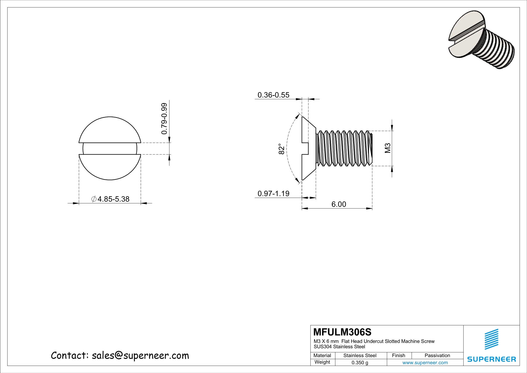 M3 x 6 mm  Flat Head Undercut Slotted Machine Screw SUS304 Stainless Steel Inox