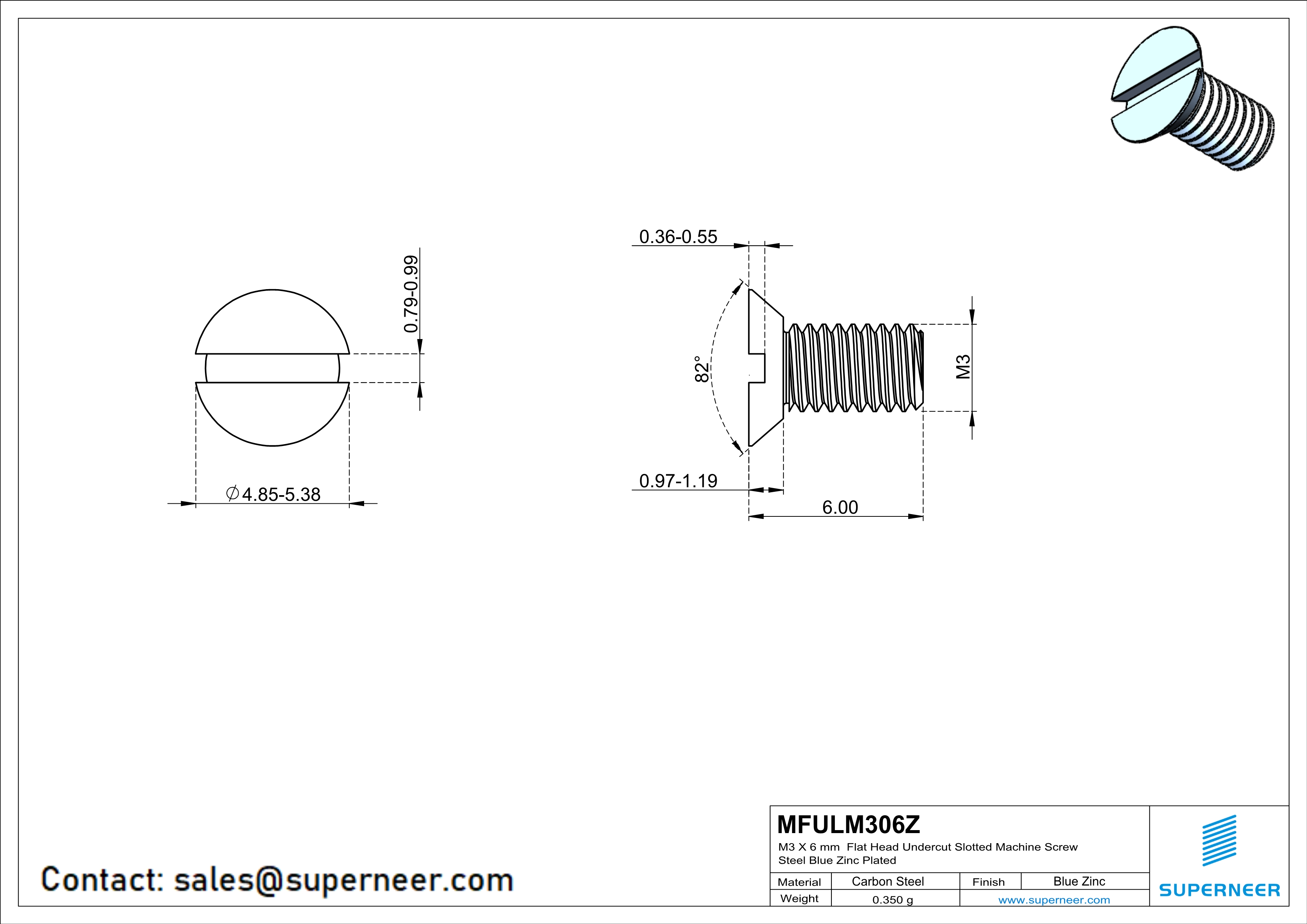 M3 x 6 mm Flat Head Undercut Slotted Machine Screw Steel Blue Zinc Plated