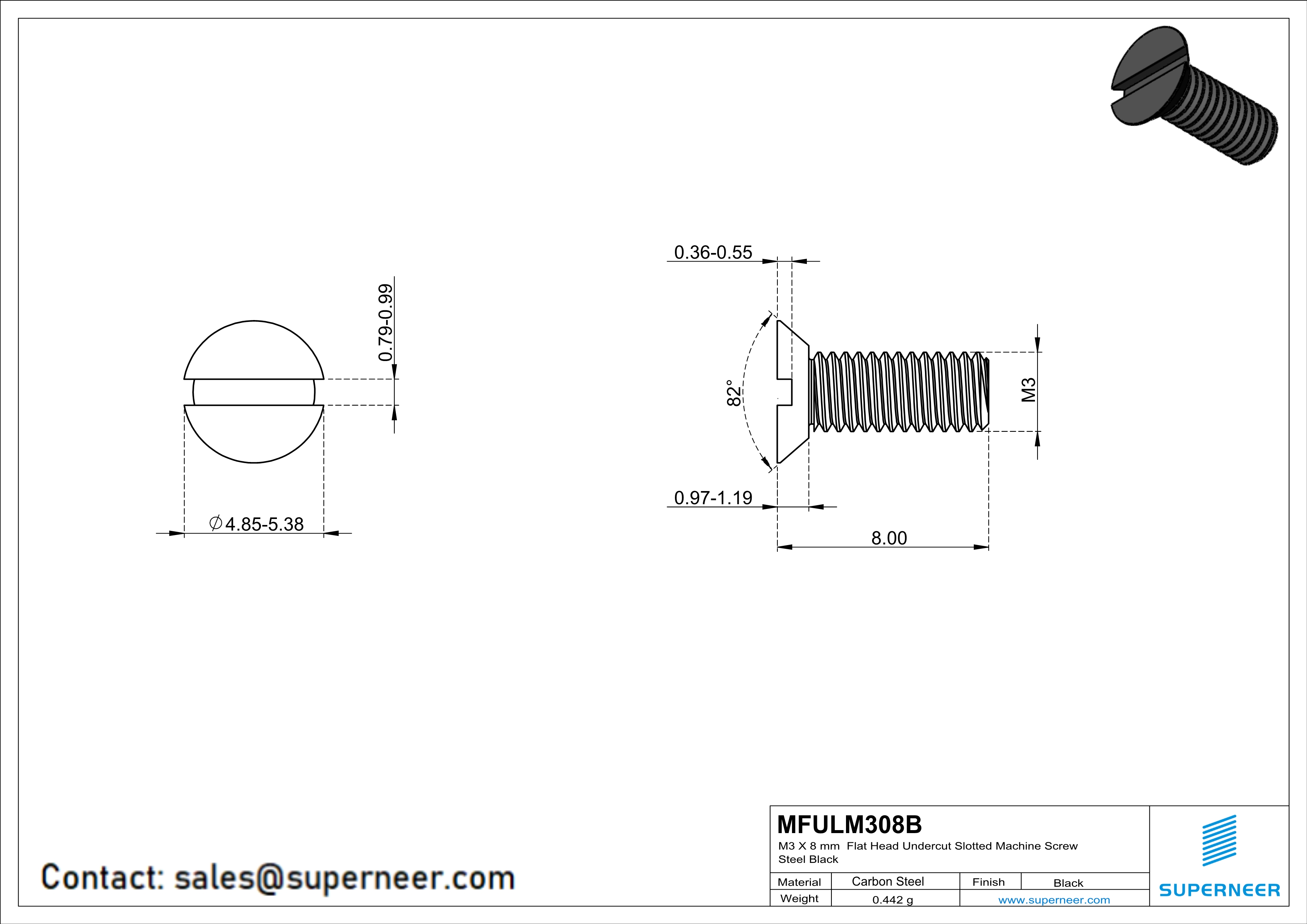 M3 x 8 mm Flat Head Undercut Slotted Machine Screw Steel Black