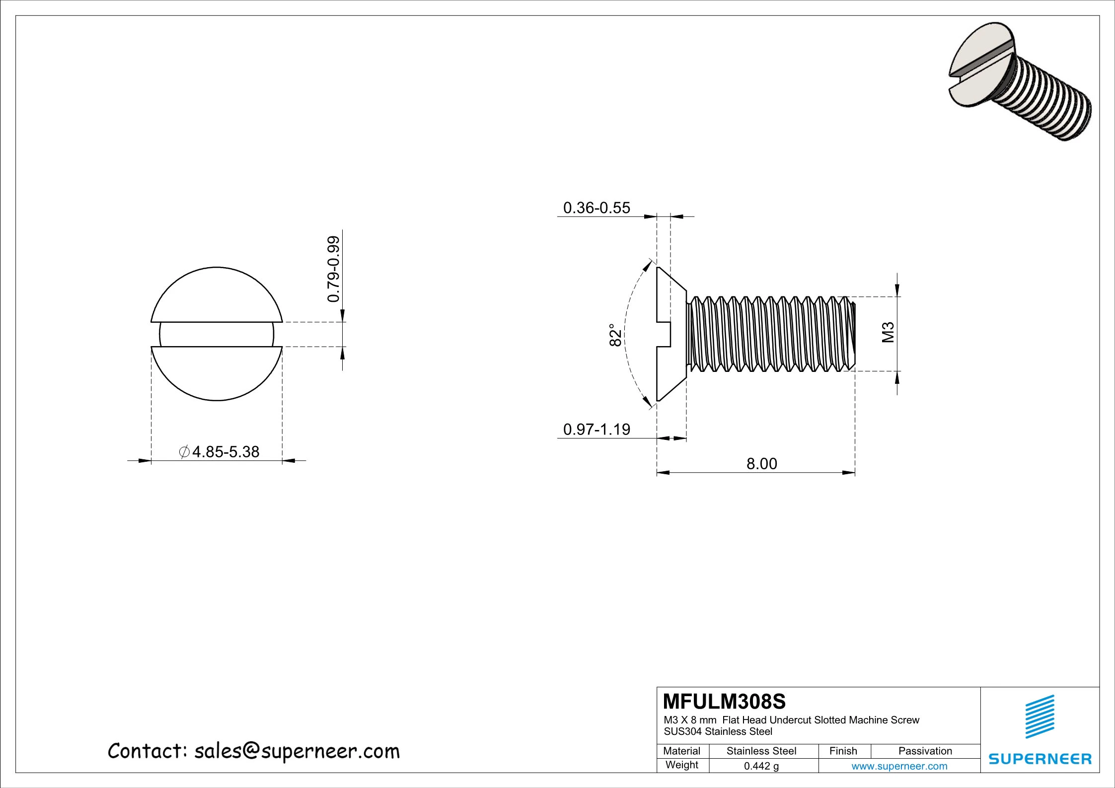 M3 x 8 mm  Flat Head Undercut Slotted Machine Screw SUS304 Stainless Steel Inox