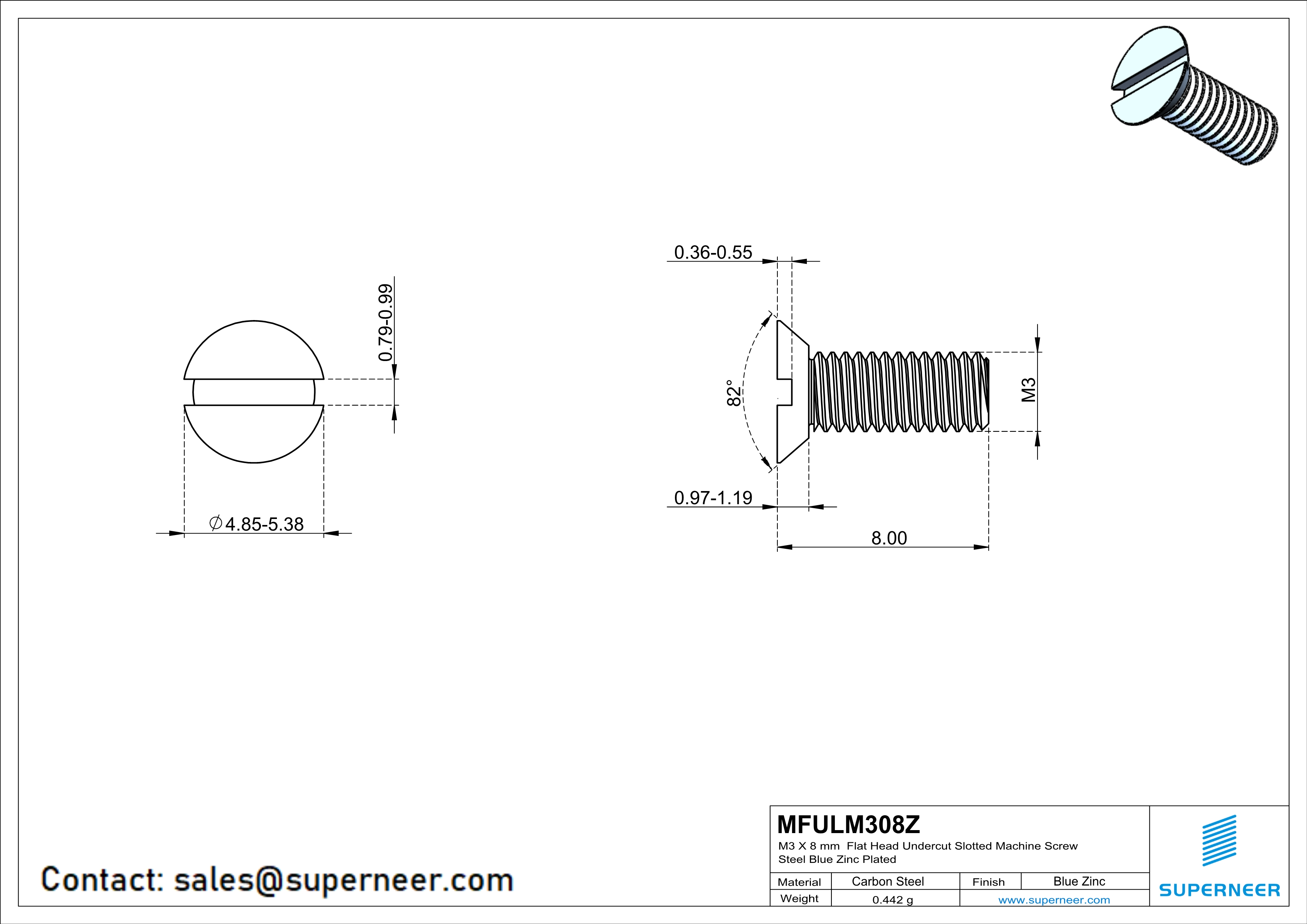 M3 x 8 mm Flat Head Undercut Slotted Machine Screw Steel Blue Zinc Plated