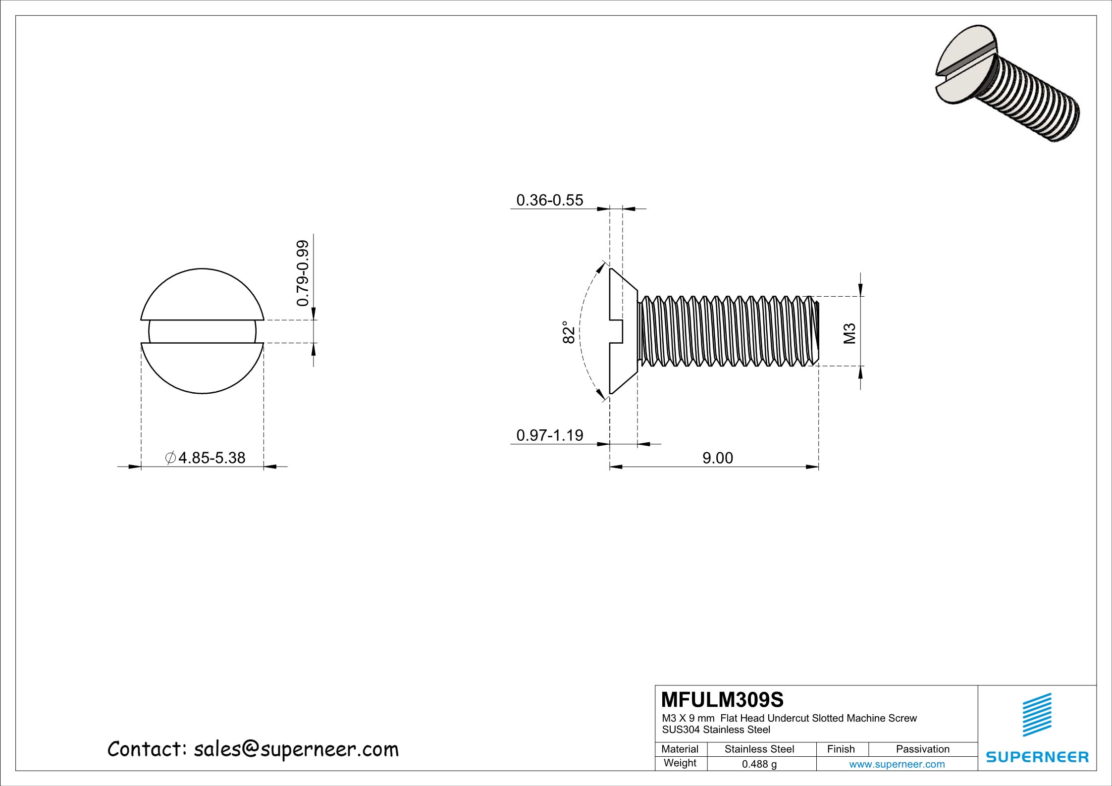 M3 x 9 mm  Flat Head Undercut Slotted Machine Screw SUS304 Stainless Steel Inox