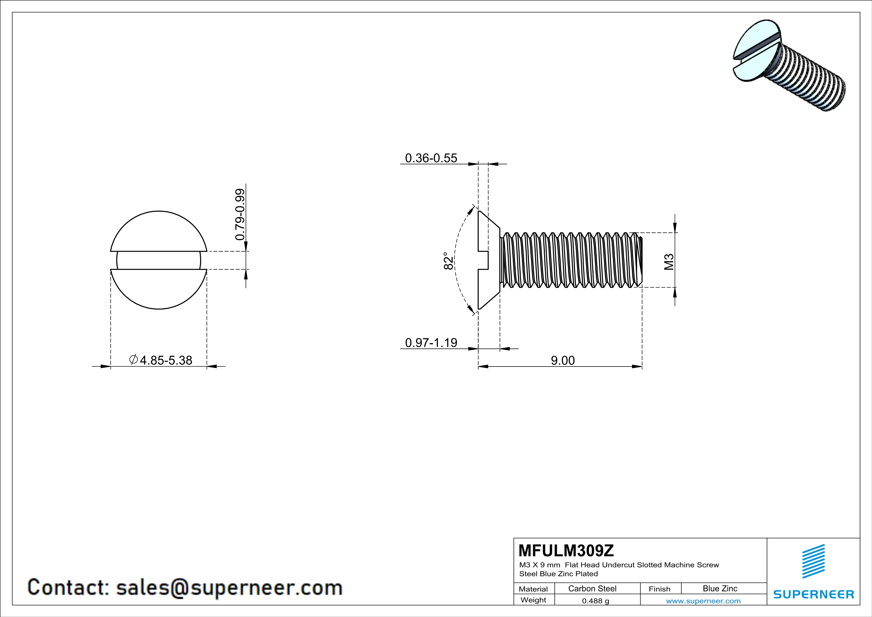 M3 x 9 mm Flat Head Undercut Slotted Machine Screw Steel Blue Zinc Plated