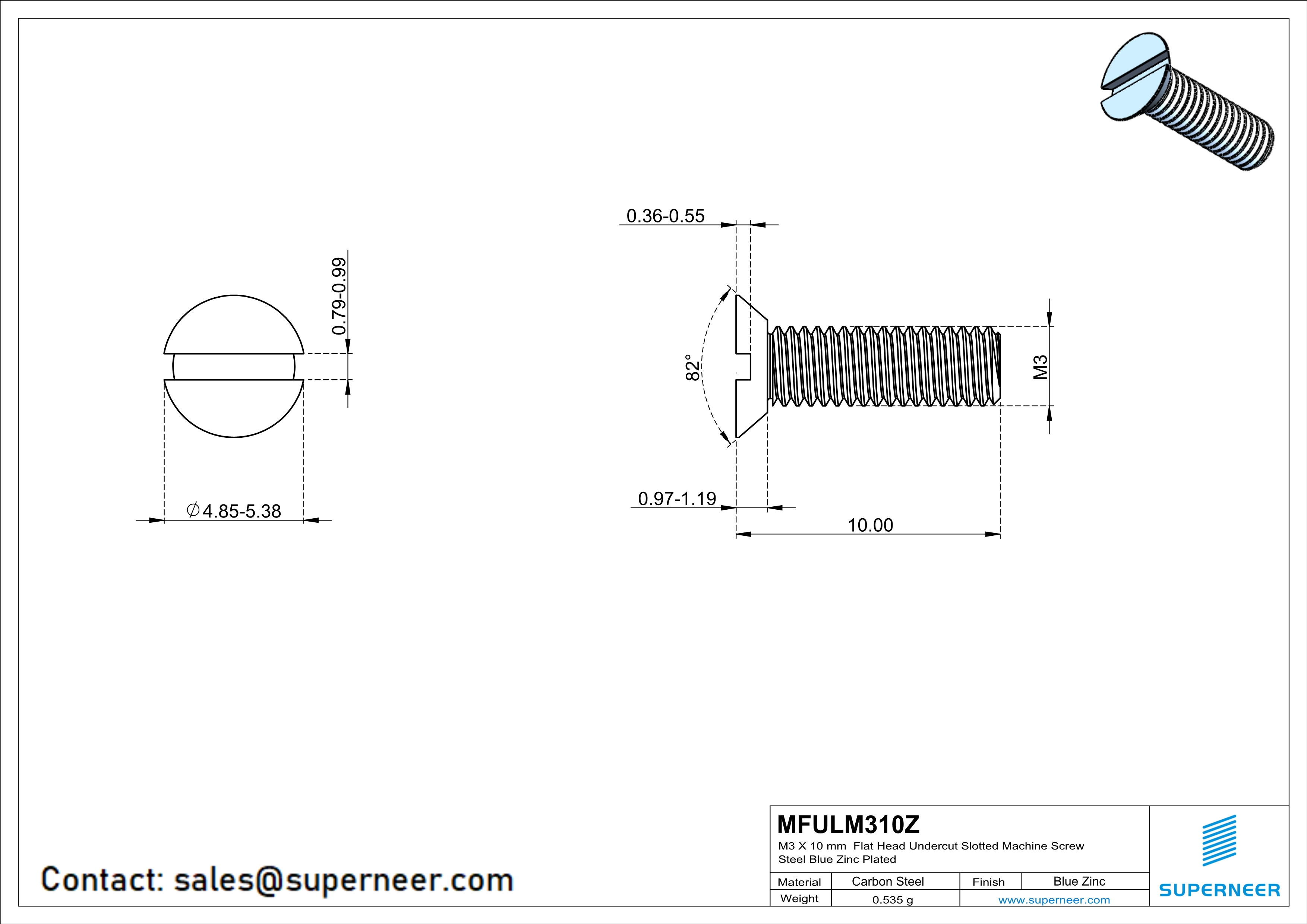 M3 x 10 mm Flat Head Undercut Slotted Machine Screw Steel Blue Zinc Plated