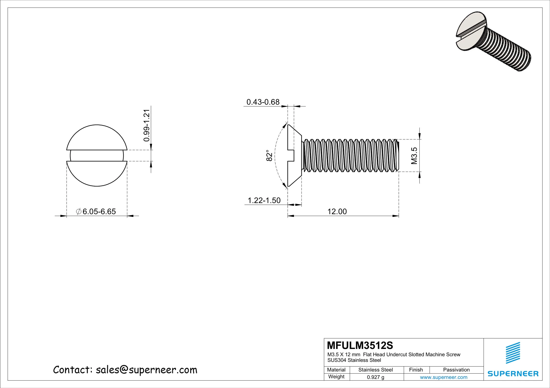 M3 x 12 mm  Flat Head Undercut Slotted Machine Screw SUS304 Stainless Steel Inox