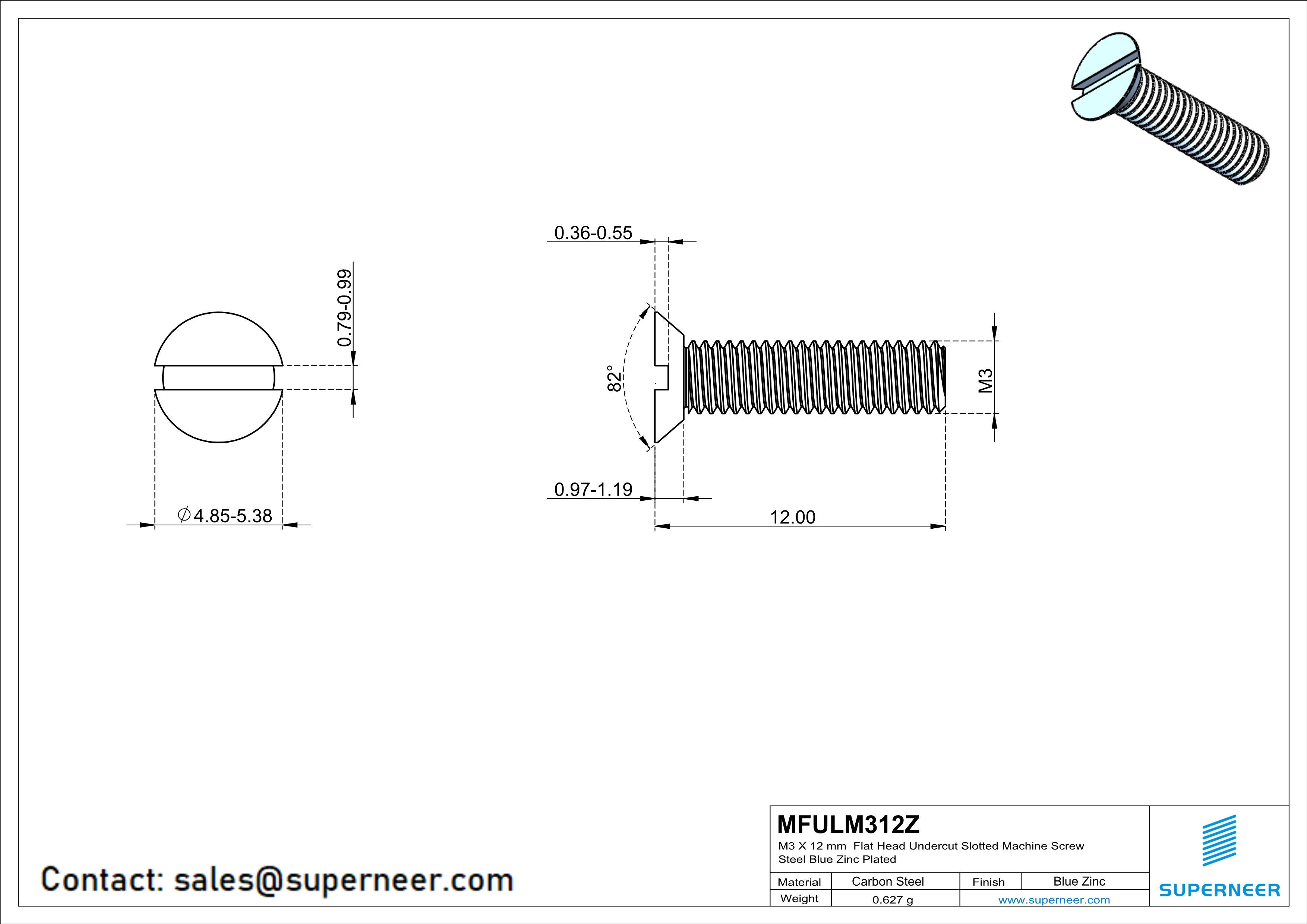 M3 x 12 mm Flat Head Undercut Slotted Machine Screw Steel Blue Zinc Plated