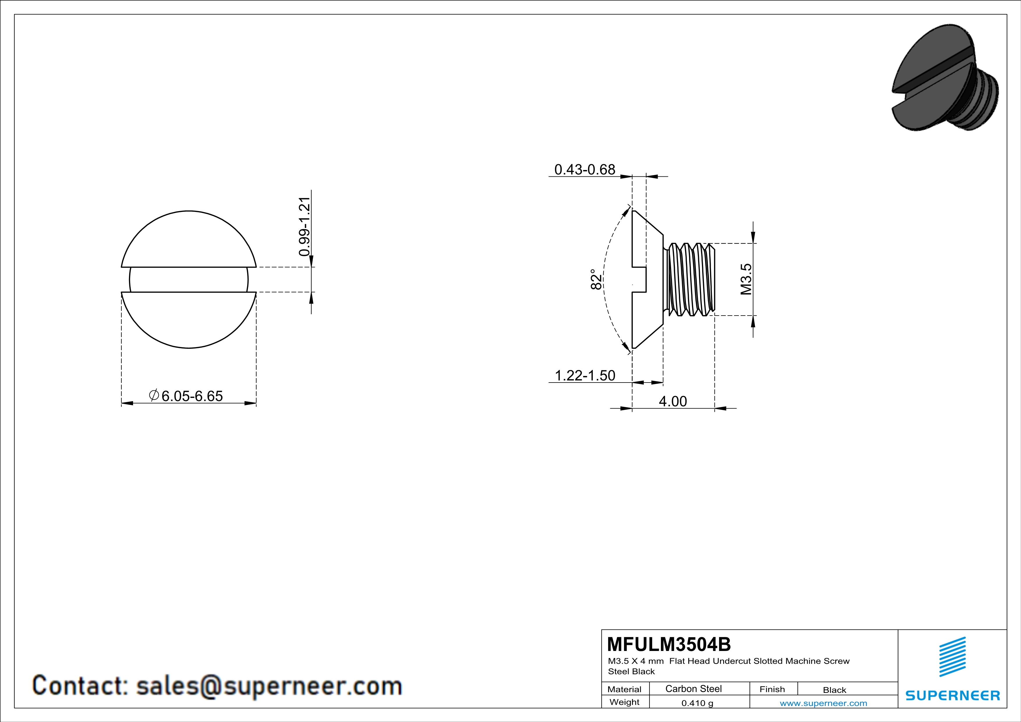 M3.5 x 4 mm Flat Head Undercut Slotted Machine Screw Steel Black