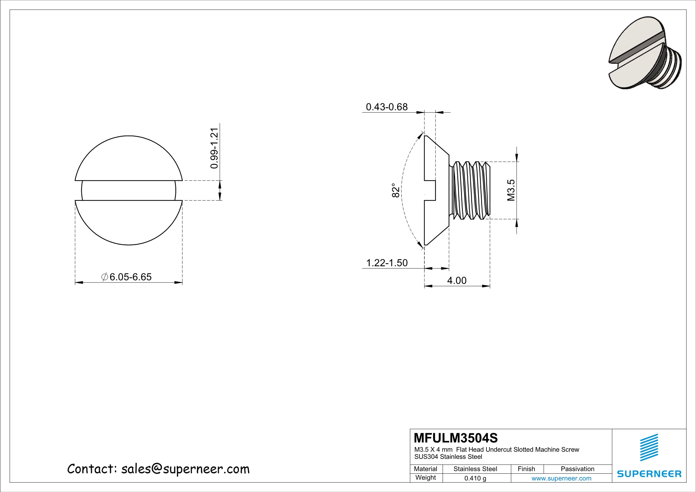 M3.5 x 4 mm  Flat Head Undercut Slotted Machine Screw SUS304 Stainless Steel Inox