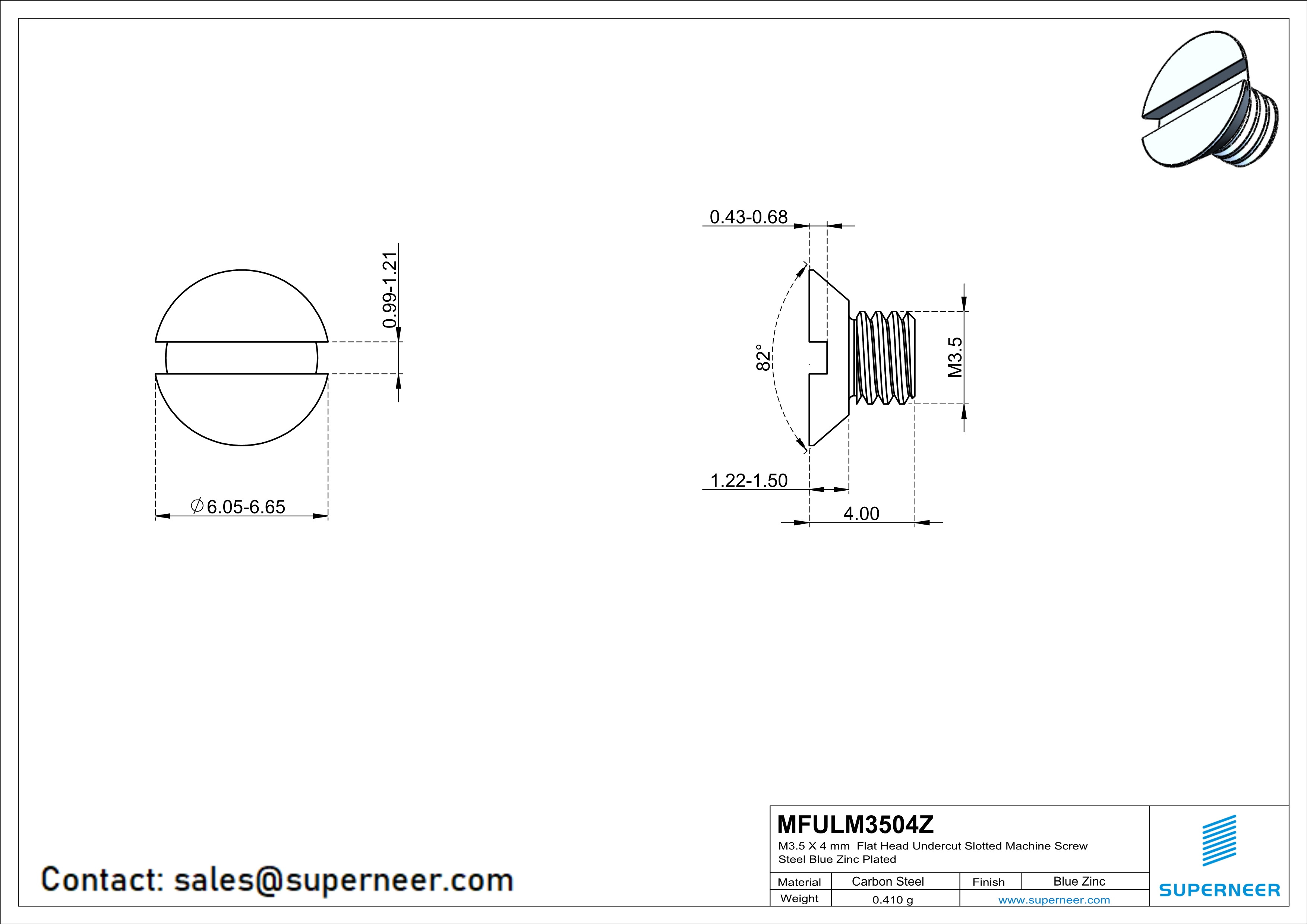 M3.5 x 4 mm Flat Head Undercut Slotted Machine Screw Steel Blue Zinc Plated