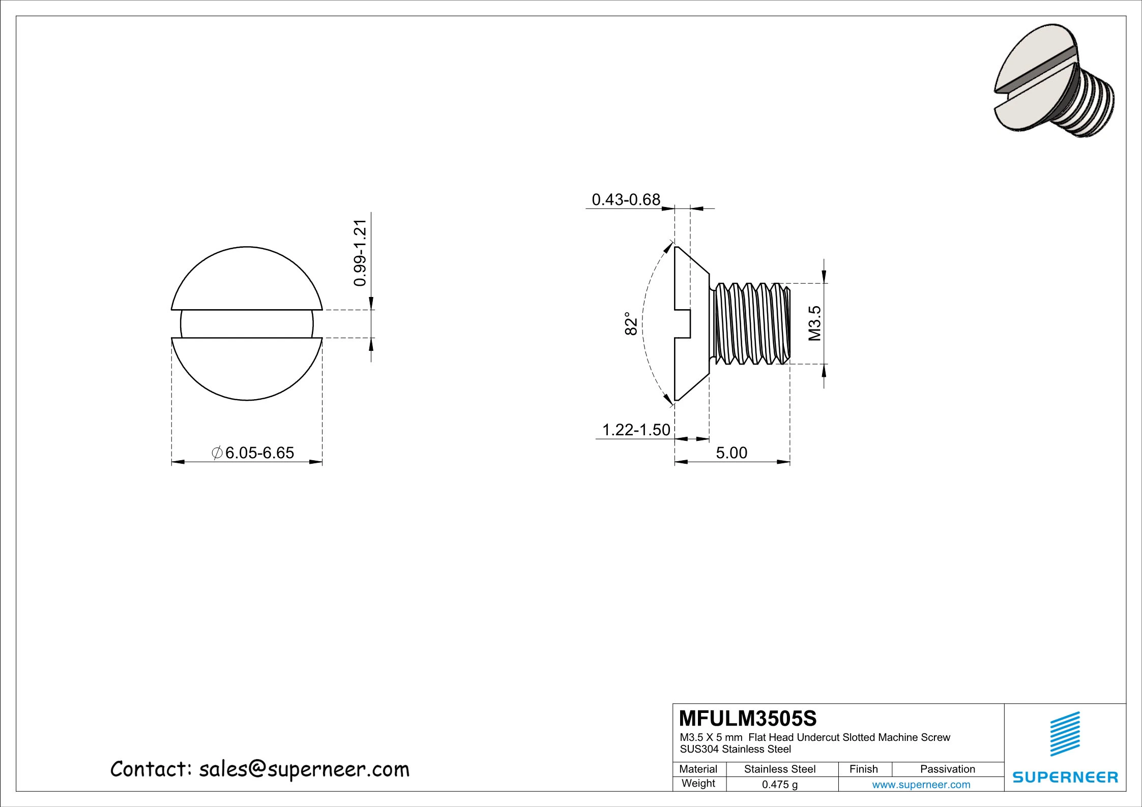 M3.5 x 5 mm  Flat Head Undercut Slotted Machine Screw SUS304 Stainless Steel Inox