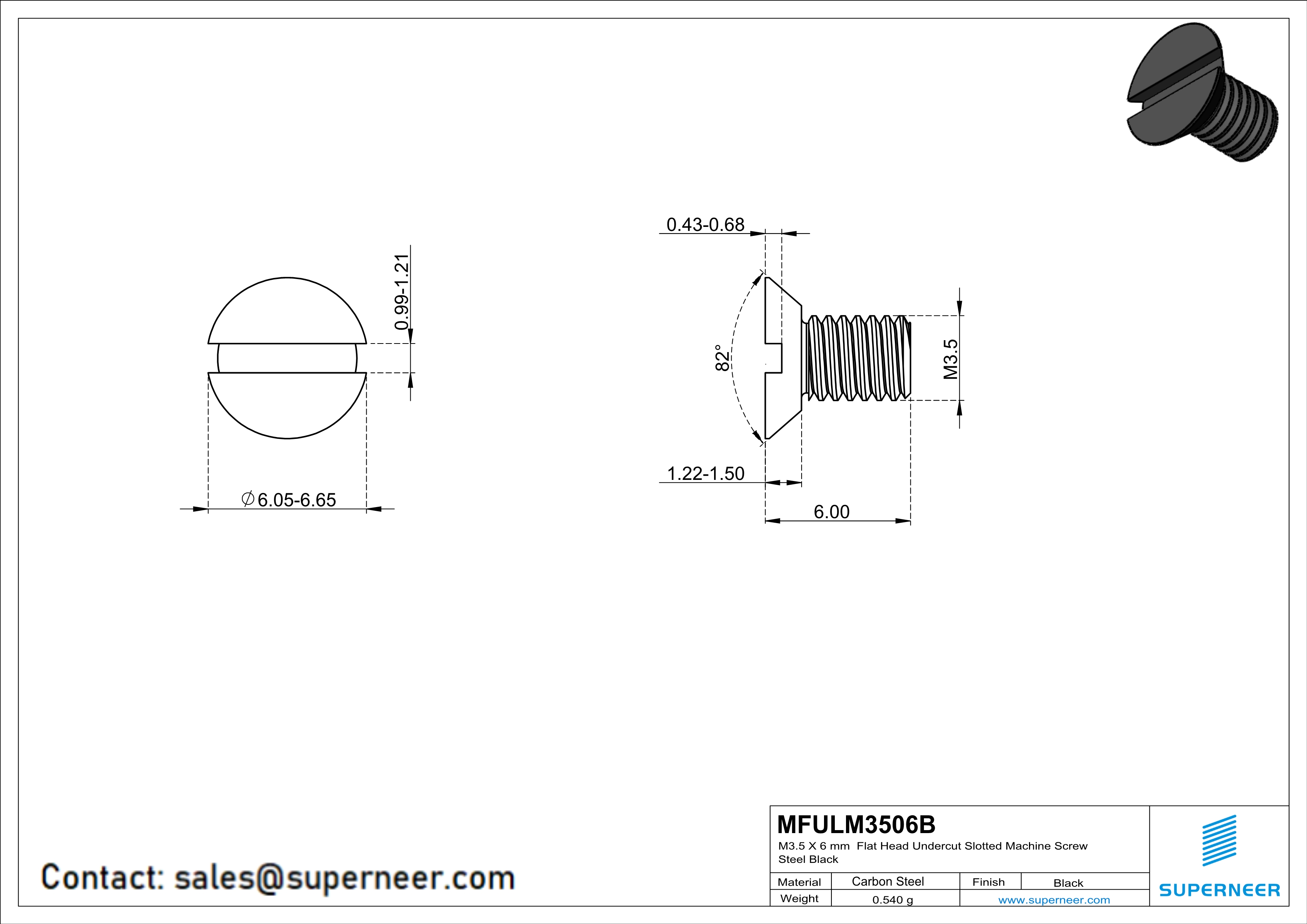 M3.5 x 6 mm Flat Head Undercut Slotted Machine Screw Steel Black