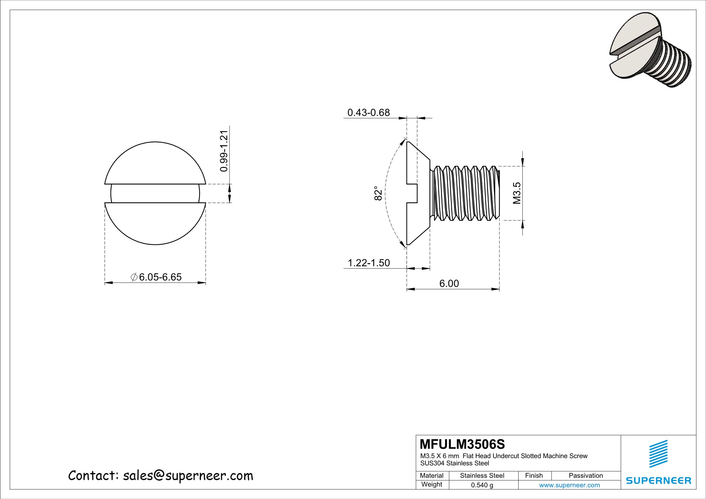 M3.5 x 6 mm  Flat Head Undercut Slotted Machine Screw SUS304 Stainless Steel Inox