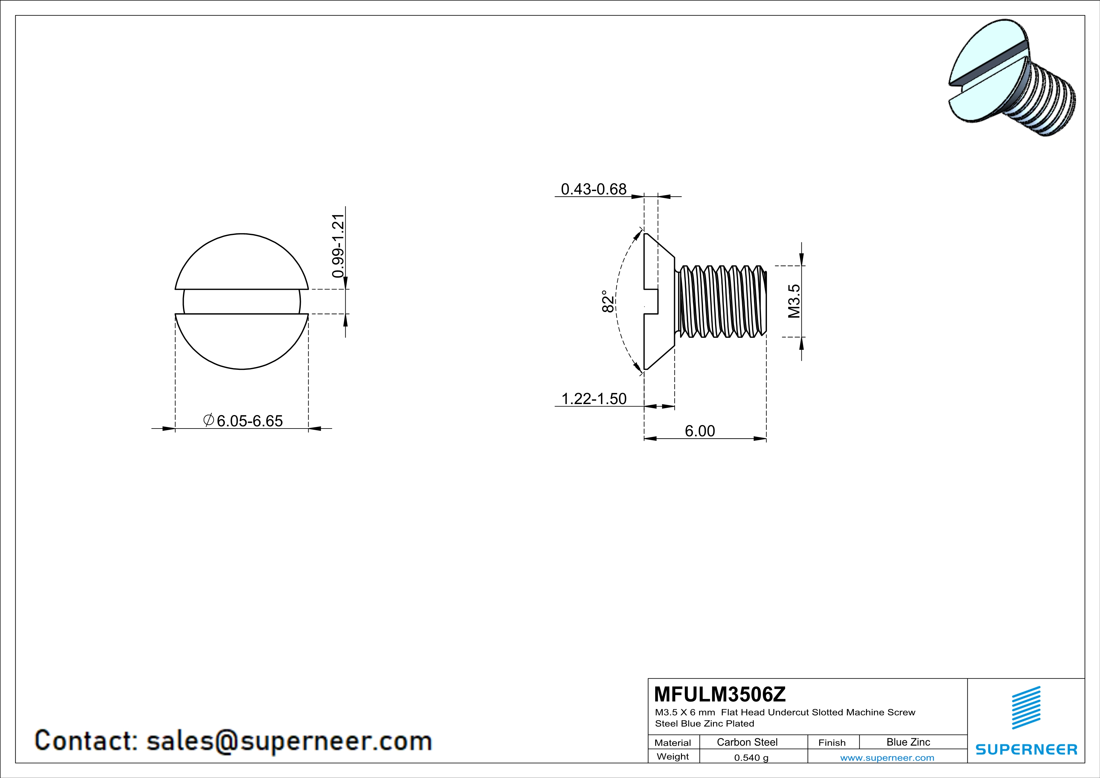 M3.5 x 6 mm Flat Head Undercut Slotted Machine Screw Steel Blue Zinc Plated