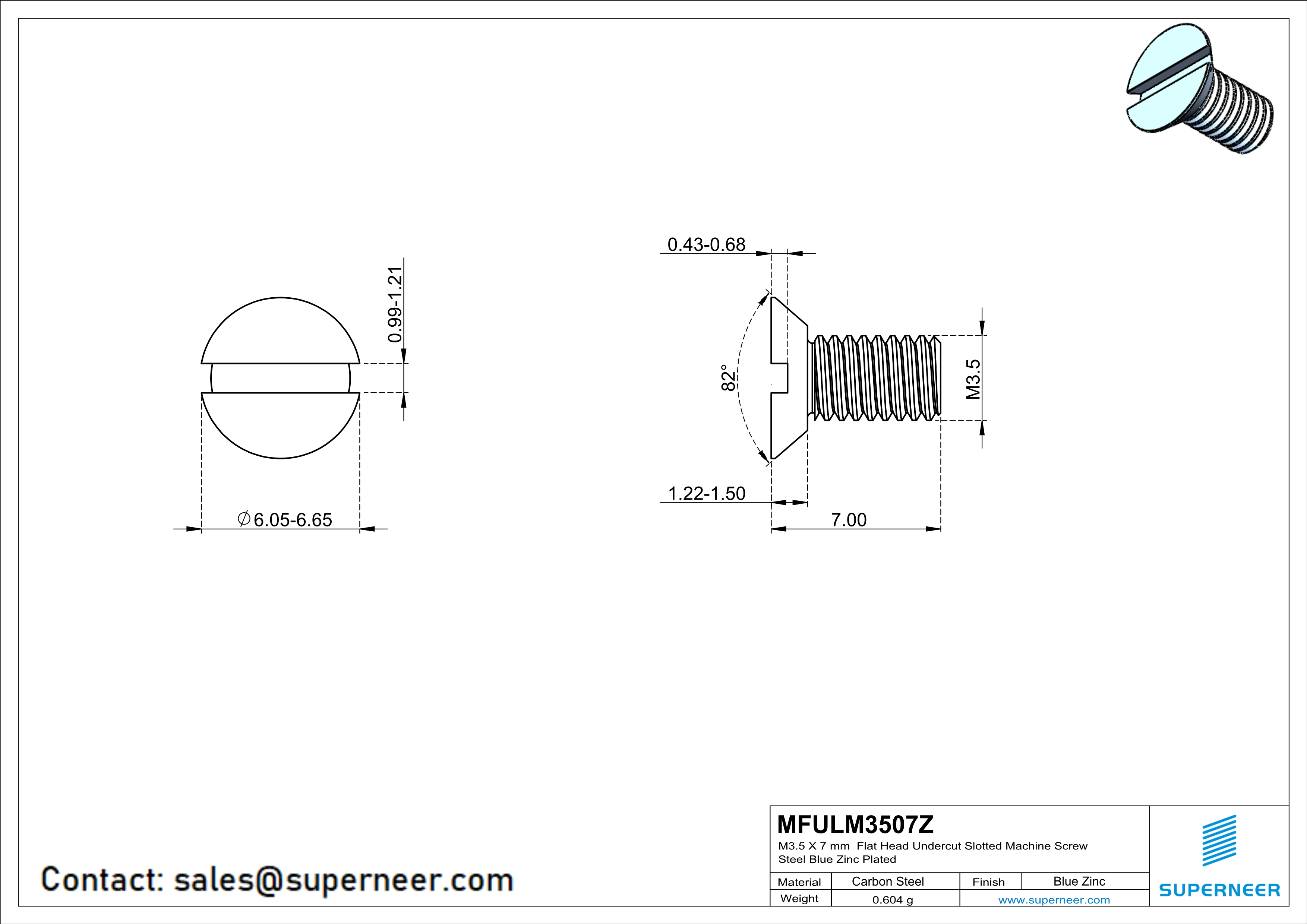 M3.5 x 7 mm Flat Head Undercut Slotted Machine Screw Steel Blue Zinc Plated