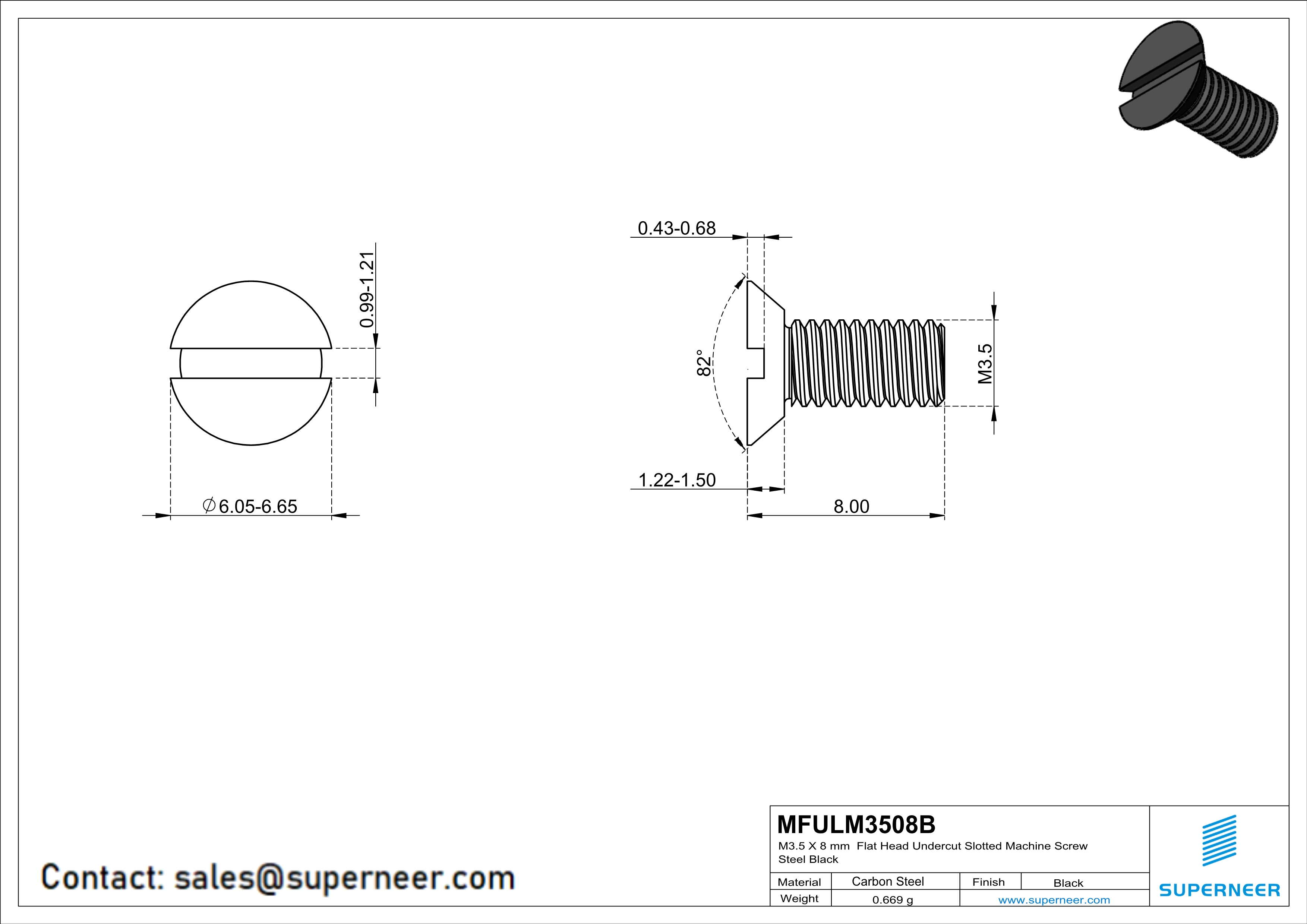 M3.5 x 8 mm Flat Head Undercut Slotted Machine Screw Steel Black