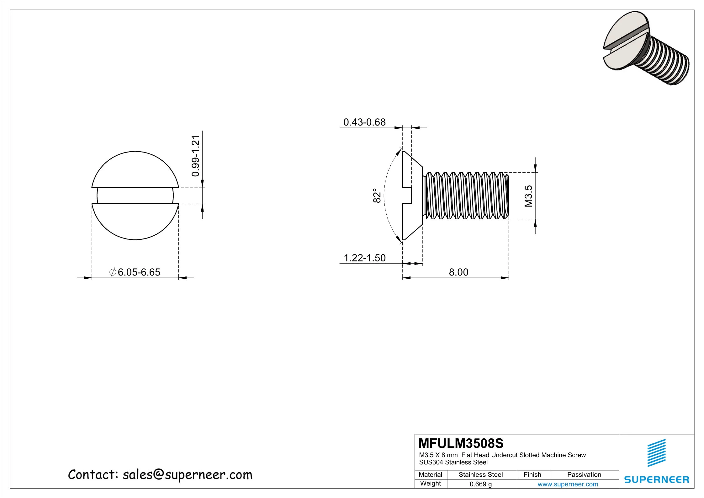 M3.5 x 8 mm  Flat Head Undercut Slotted Machine Screw SUS304 Stainless Steel Inox