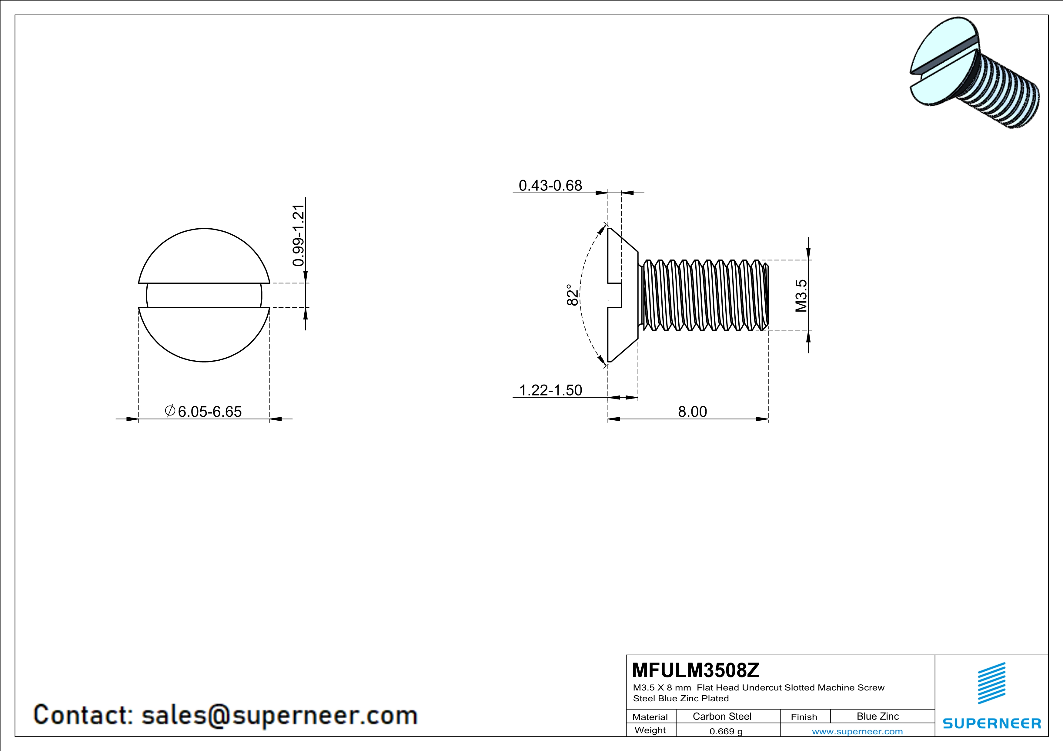 M3.5 x 8 mm Flat Head Undercut Slotted Machine Screw Steel Blue Zinc Plated