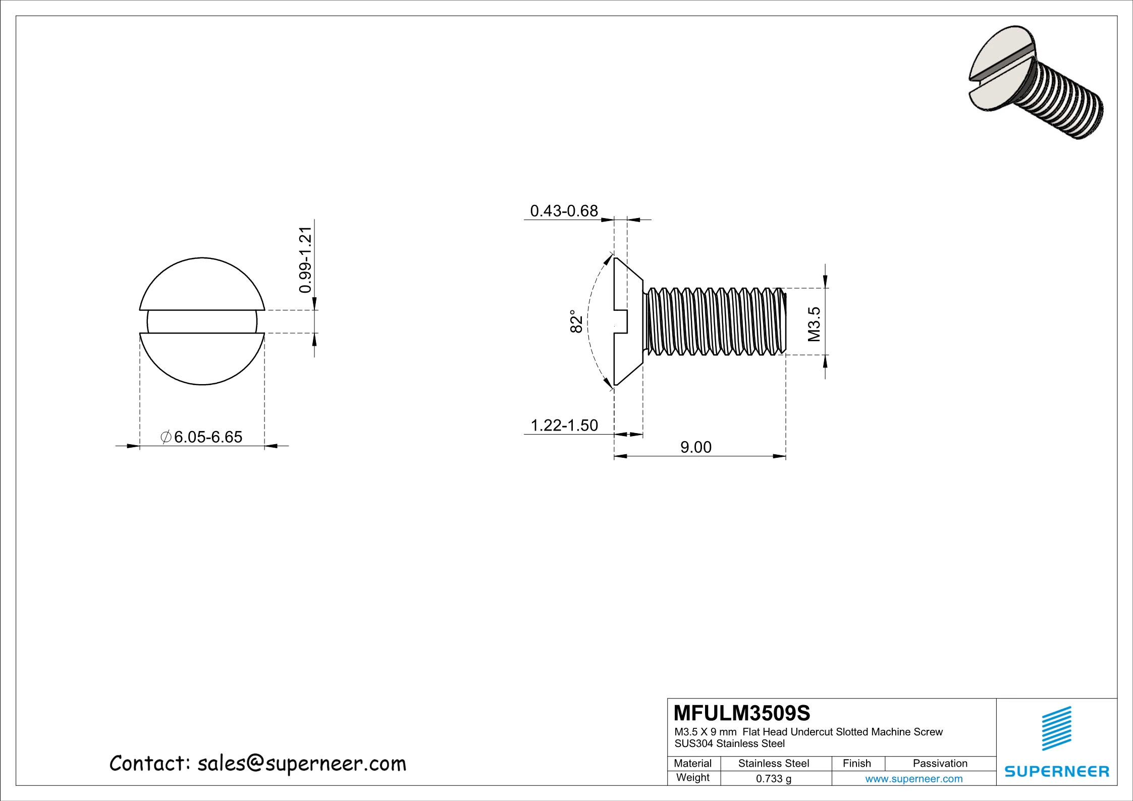 M3.5 x 9 mm  Flat Head Undercut Slotted Machine Screw SUS304 Stainless Steel Inox