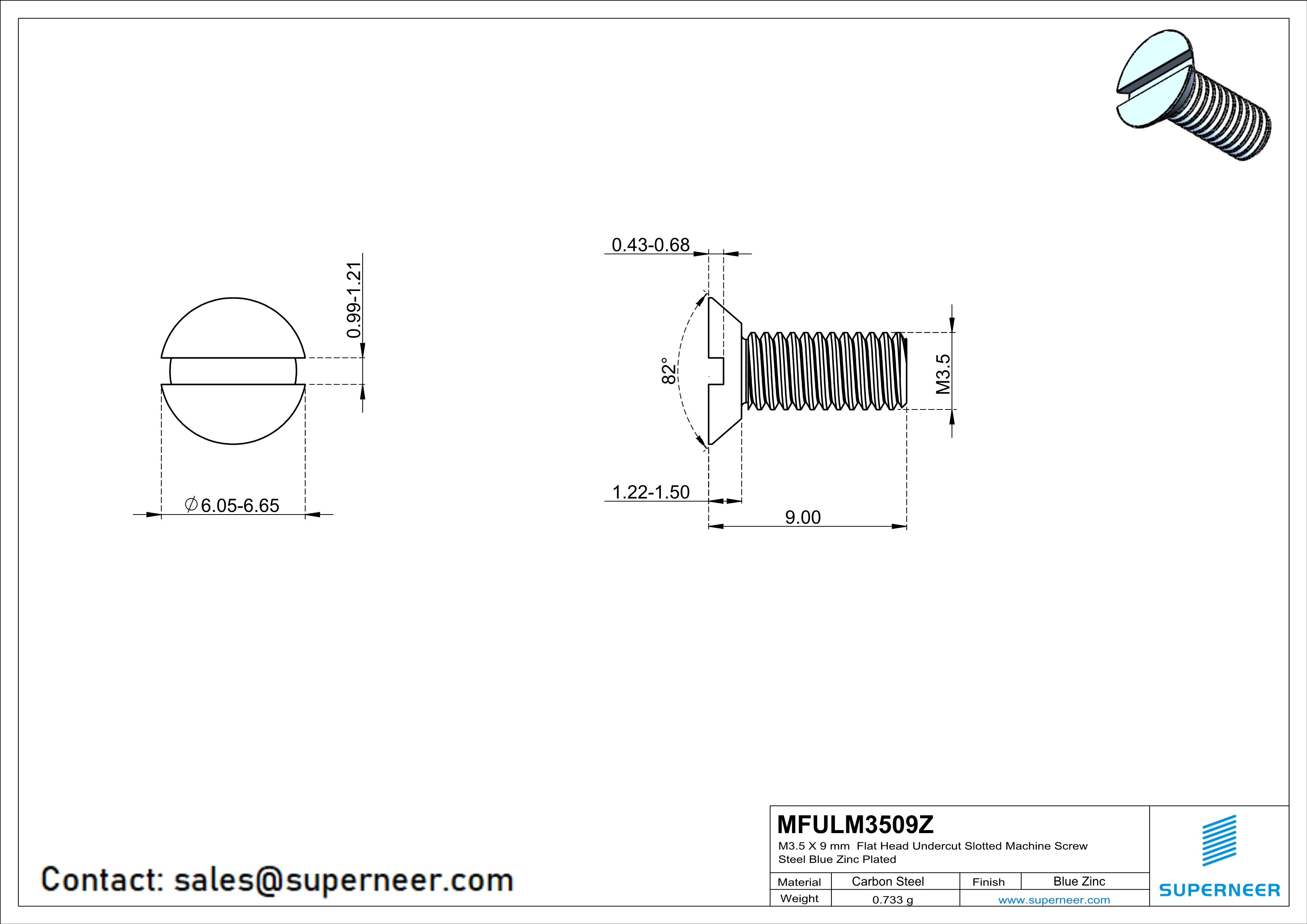 M3.5 x 9 mm Flat Head Undercut Slotted Machine Screw Steel Blue Zinc Plated