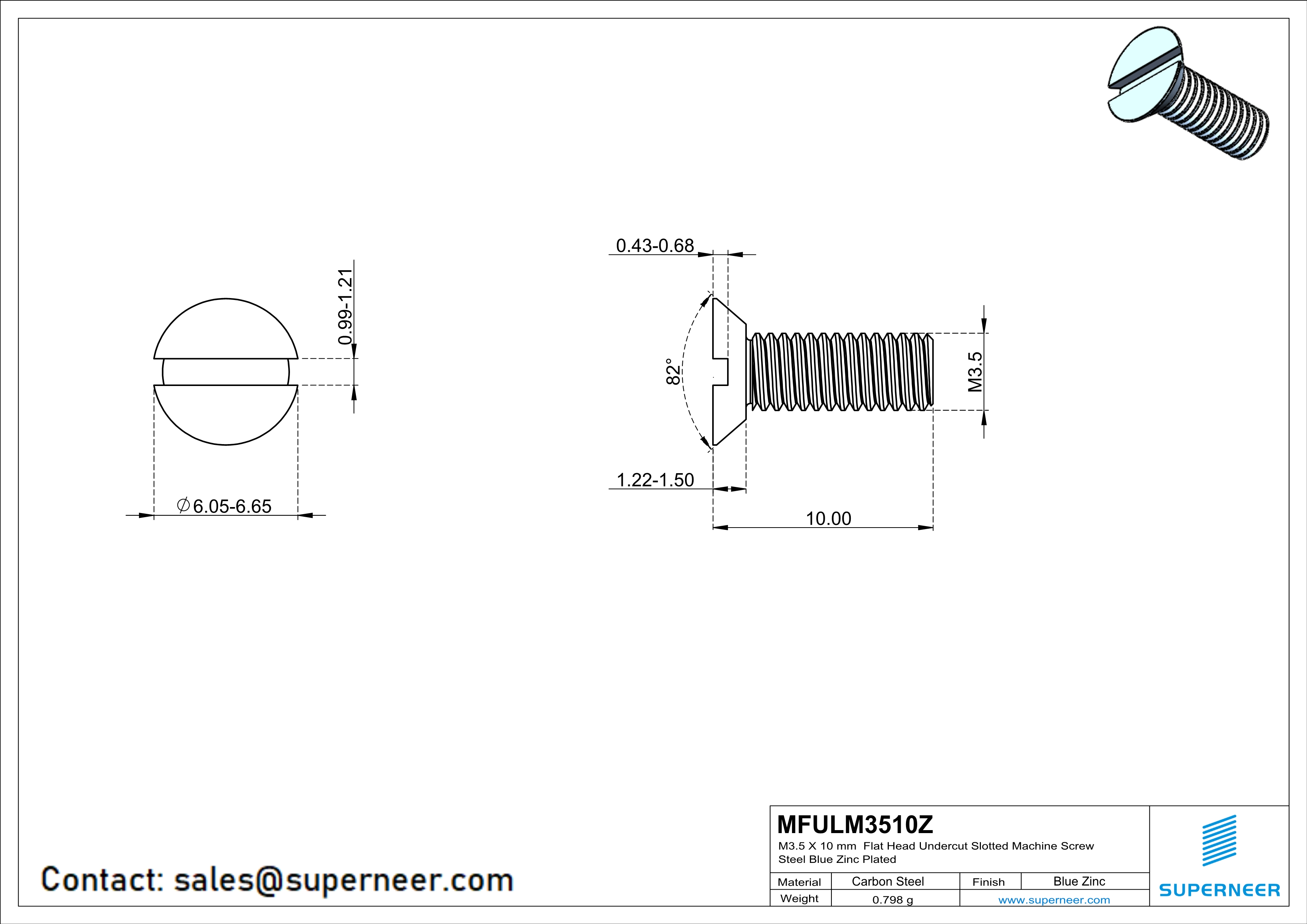 M3.5 x 10 mm Flat Head Undercut Slotted Machine Screw Steel Blue Zinc Plated