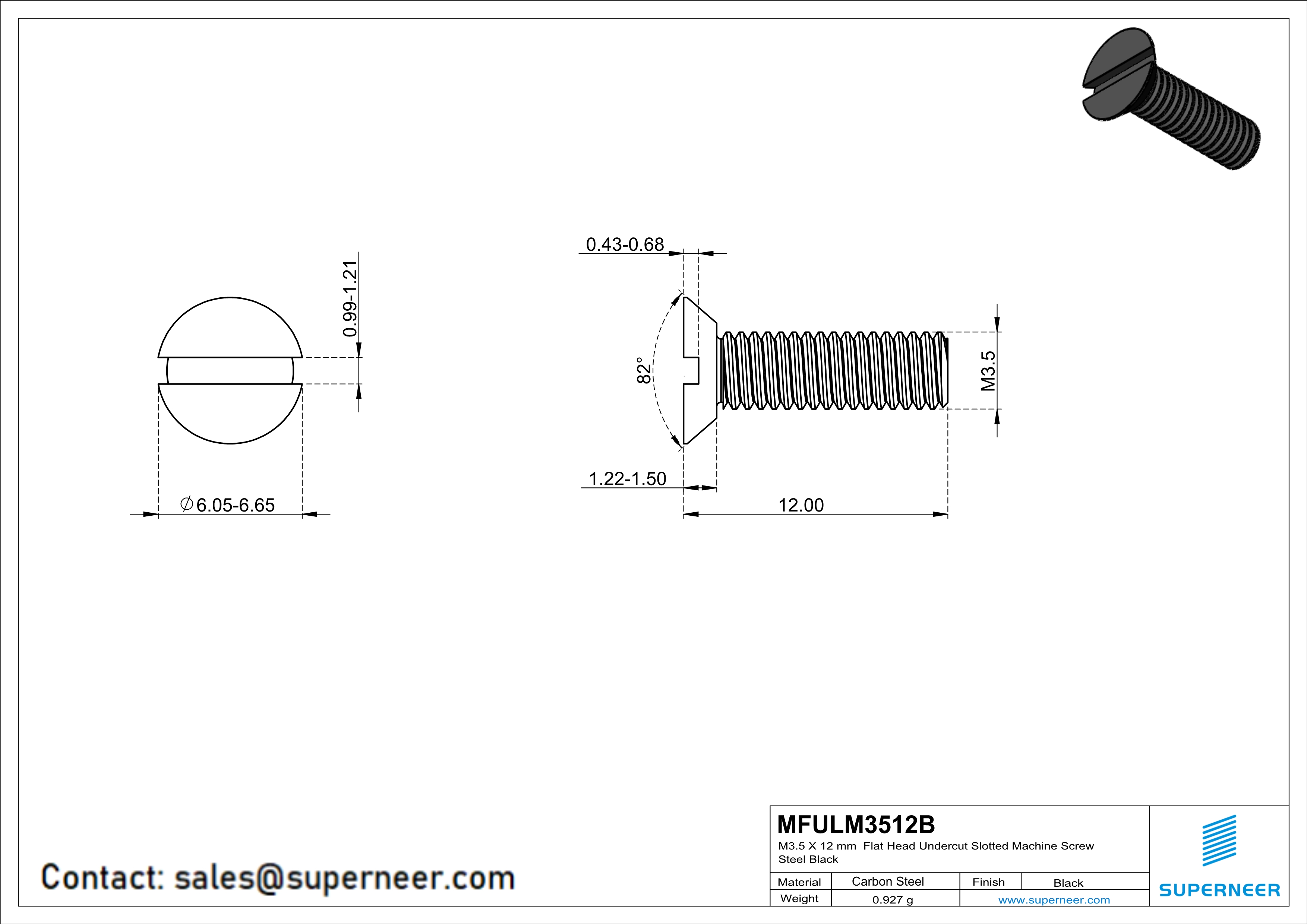 M3.5 x 12 mm Flat Head Undercut Slotted Machine Screw Steel Black