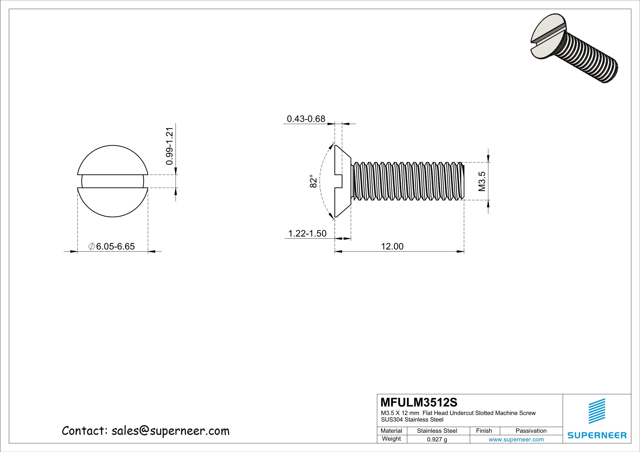 M3.5 x 12 mm  Flat Head Undercut Slotted Machine Screw SUS304 Stainless Steel Inox